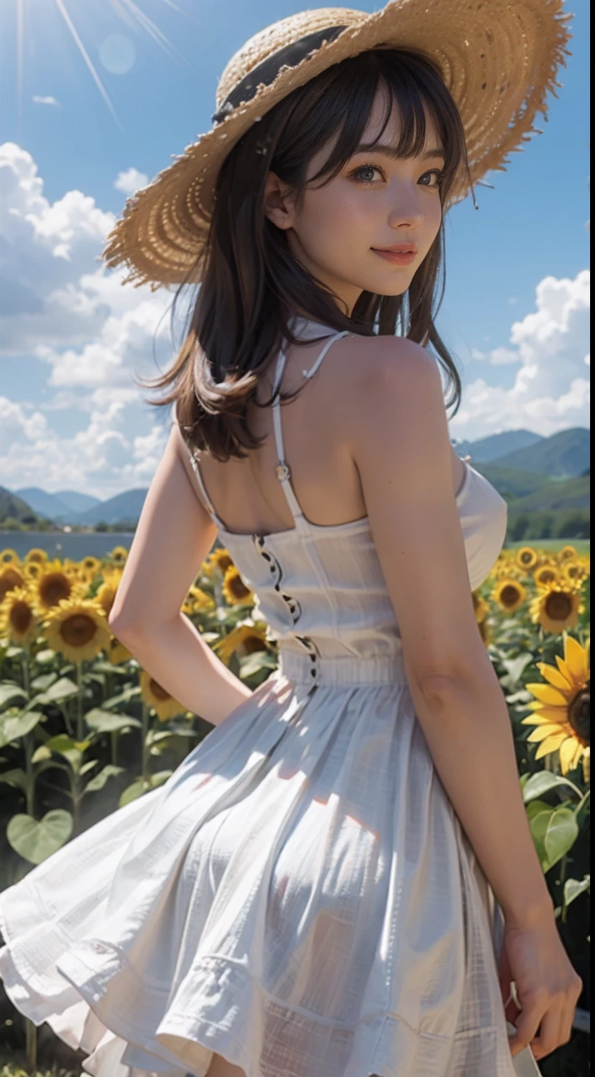 Unbeatable masterpiece, Ultra photo realsisim, Perfect artwork, Intricate details, Best quality, Strong light,High contrast,  Sunflower field , cute kawaii girls ,(Sweat:0.5) , arms back behind , White knee-length camisole dress , Straw hat , Smile,Strong light , Sunlight , Wind , Summer sky ,incoming , Attack , Magic effects , Fireworks .light bloom , Lens flare , (far from viewer:1.1), High quality , Best , high resolution , best qualtiy , Award-Awarded , Highly detailed .ultra extreme details , Masterpiece ,