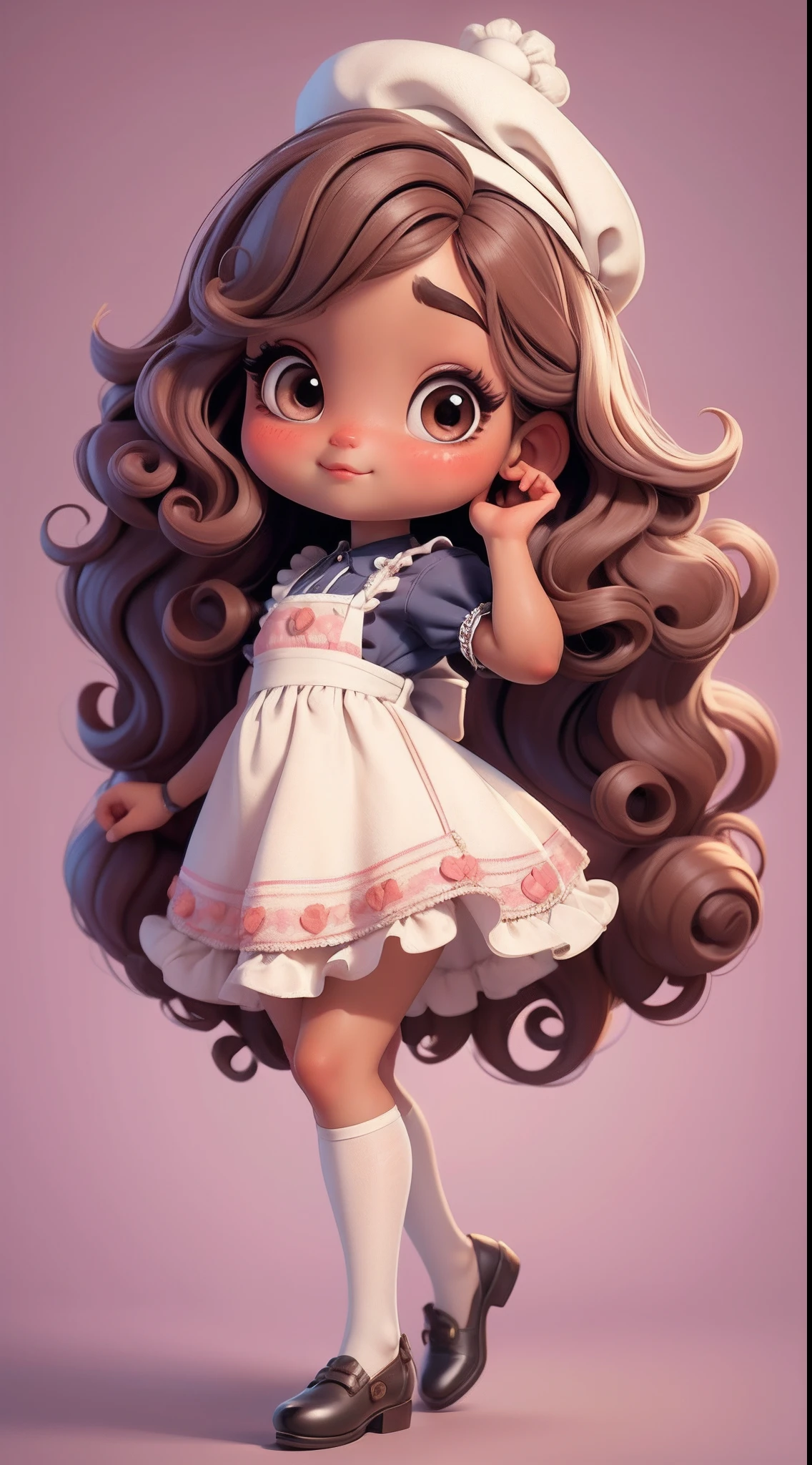 Create a series of chibi style afro dolls with a cute vintage chic theme, each with lots of detail and in an 8K resolution. All dolls should follow the same solid background pattern and be complete in the image, mostrando o (corpo inteiro, incluindo as pernas: 1.5)

Boneca Aprendiz de Bruxa: Chame-a de Mia. She must have medium wavy brown hair. Seus olhos devem ser grandes e curiosos, with long eyelashes and slightly pinkish cheeks. Mia should be dressed in a delicate dress and a polka-dot blouse and a delicate and beautiful hat. She should hold delicate and thin accessories. Add details like pockets and ruffles to the apron to make it even more charming, sapato bonito

Certifique-se de adicionar sombras, texturas e detalhes nos cabelos, roupas, Beautiful utensils, to make them even more adorable and charming.