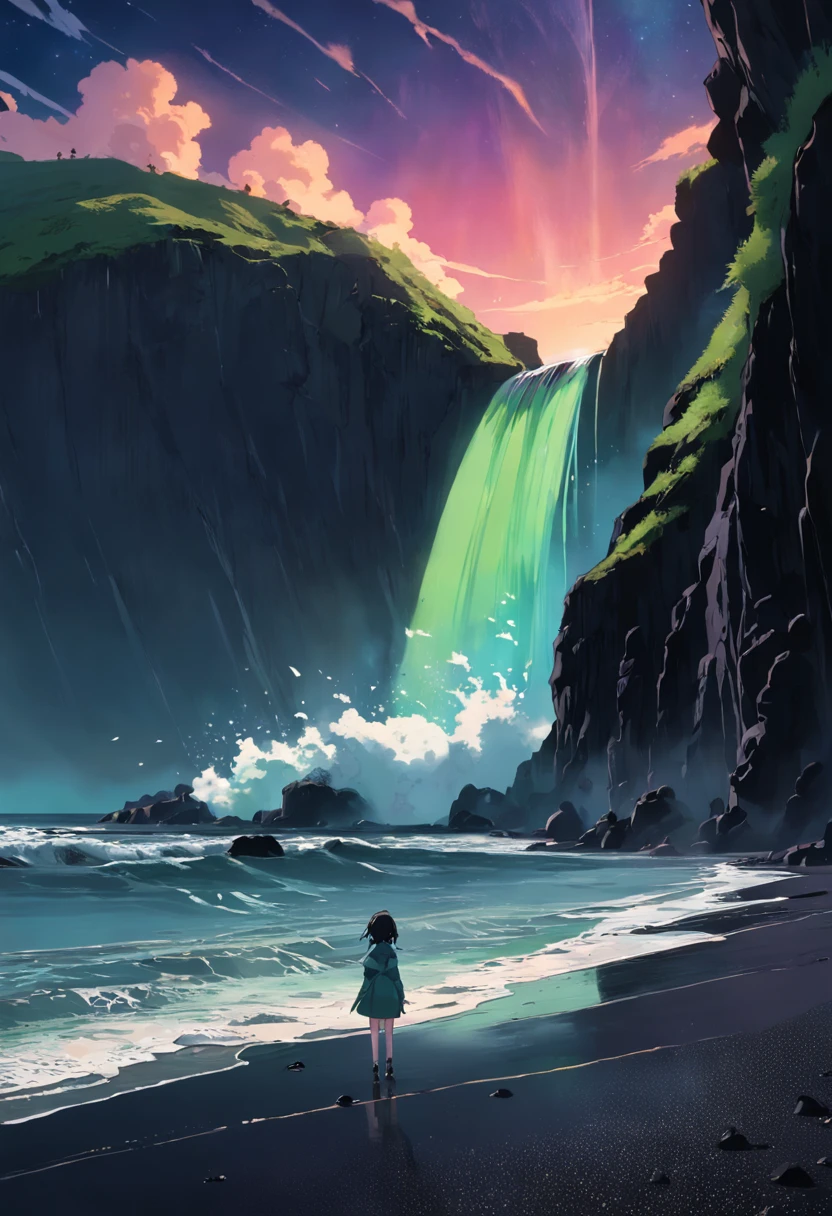 Waterfall, black sand beach, back, aurora, coast, beautiful