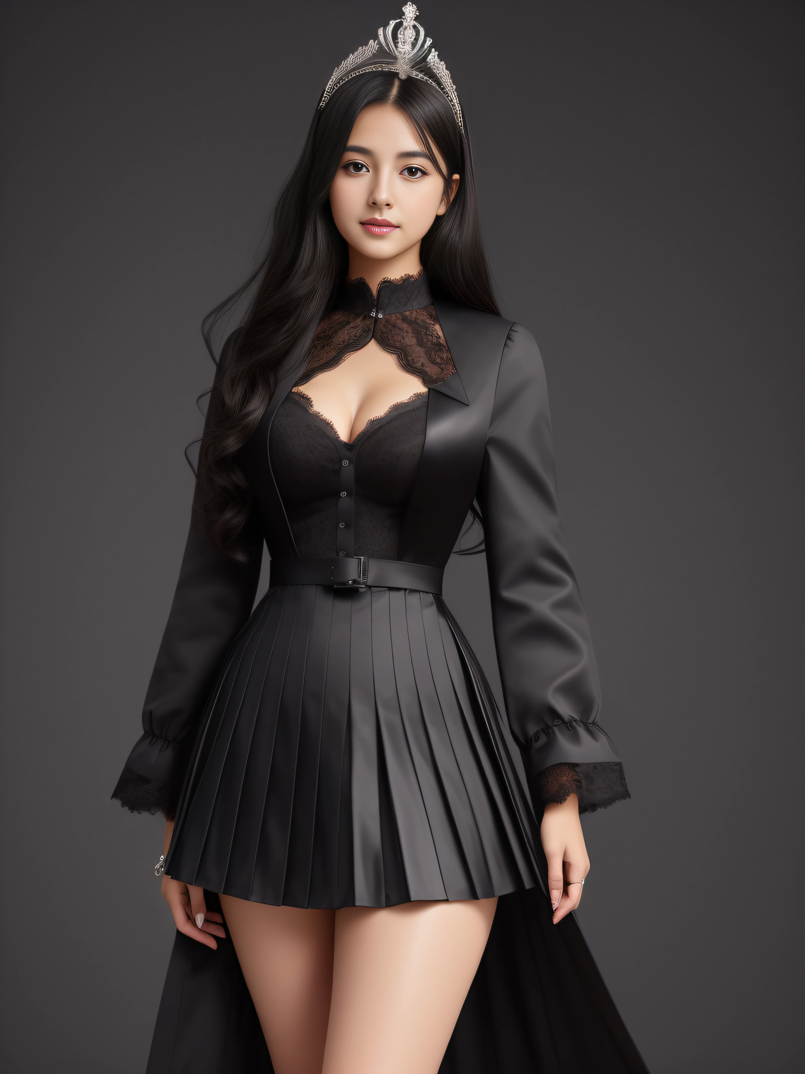 /(A beautiful high school student in Mexico, 17 years old, in a private school for high society ladies,), /(beautiful student of European descent, long jet black hair, honey-colored eyes, fair skin,), /(Victorian style school uniform: a full-length gray dress, knee-length, long sleeves with lace at the end and pleats in the skirt. A dark gray trench coat covering the entire body. Dark stockings covering the entire leg. Patent leather shoes. Ring on the right ring finger. A tiara on the head.), full body portrait, Art inspired by Maho no Tabitabi, concept art by Azure, ultra detailed, digital illustration, (Perfect hourglass shape full body, highly detailed and perfect almond shaped eyes, highly detailed and perfect tapered hands, detailed and perfect fingers),
