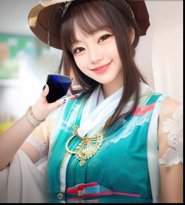 Smiling woman holding smartphone
