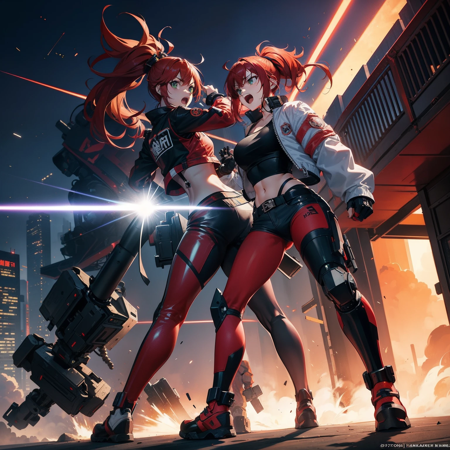 Full body shot, female asian Irina Shidou red hair twintails green eyes, in a cyberpunk city, wearing a bomber jacket and crop top and denim shorts, fighting a humanoid robot android with metal chrome exterior, holding a big machine gun, holding a long laser rifle, shooting laser rifle, shooting lasers up at the sky, missile strike, rocket launch, rapid fire, explosions, hand to hand fight, fighting, round house kick, jumping kick, guns flaring, punch face, open mouth, screaming, frontal shot, side shot, rear shot, back shot, behind shot, masterpiece, highly detailed