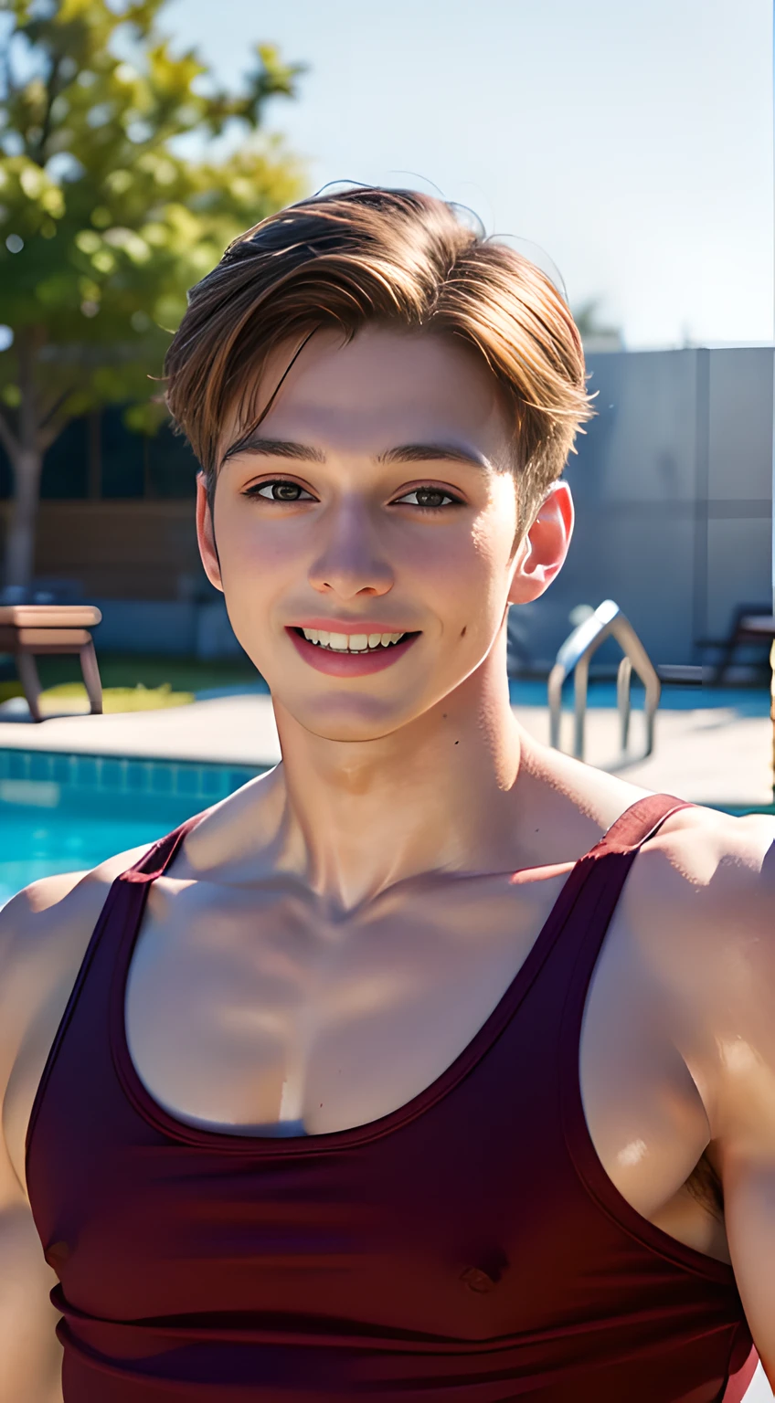 male Age 28 swimwear lifeguard topless smile