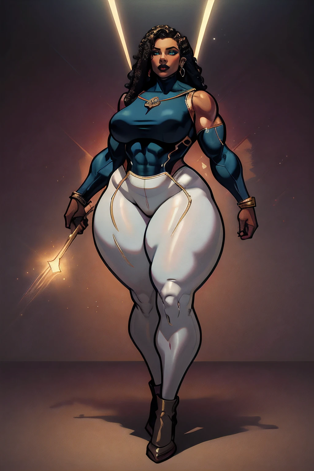masterpiece, best quality, bronze skinned, wide waist, heroic pose, wearing leggings, standing boldly, abstract background, bloom, immaculate lighting, showcasing a charming and thick physique with toned muscular legs