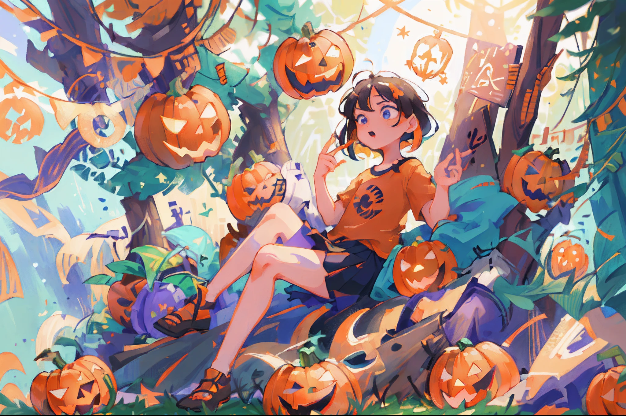 (best quality),(masterpiece:1.2), (highres), (extremely detailed), (highly detailed face), (highly detailed eyes), whole body, 1girl, (solo) , radiance, small breasts, (colorful hair:1.2) ,(colorful eyes), double tail, short hair, shirt, skirt, leg, foot, night, knight stary sky, Halloween, pumpkins, jack o lantern, dark, lantern