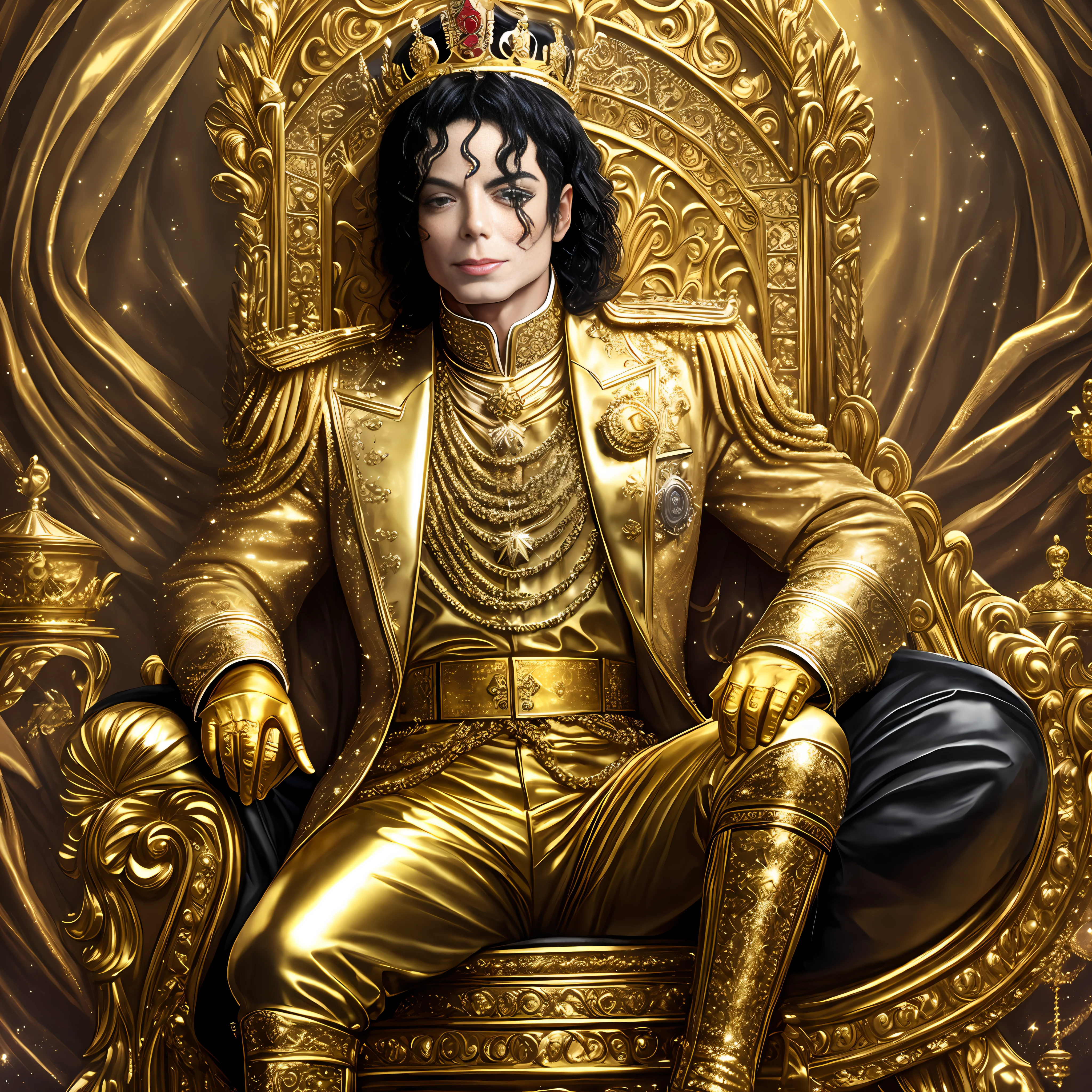 Michael Jackson sitting on a golden throne with a magnificent crown with shiny clothing --auto --s2