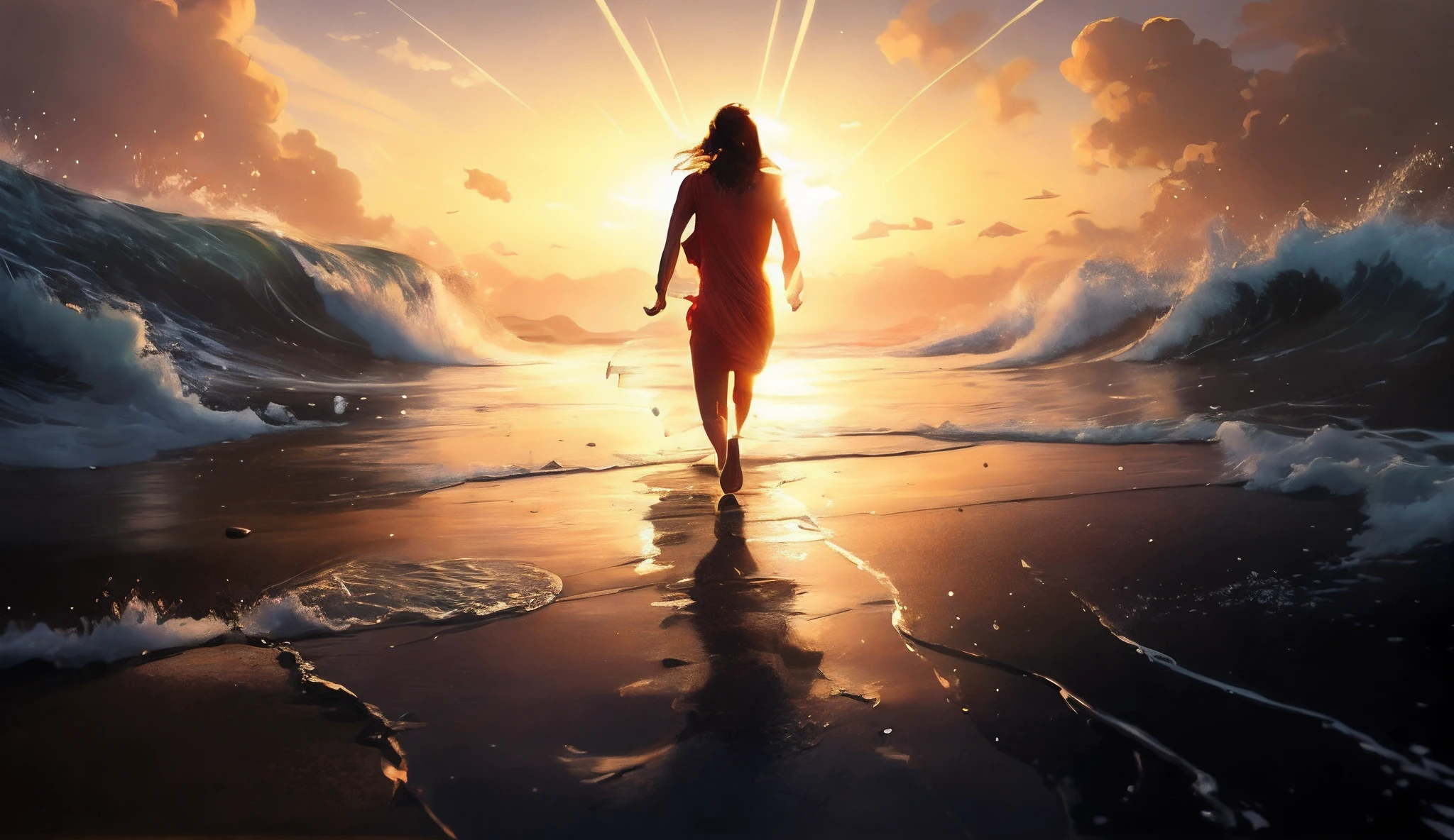woman is coming toward camera triumphant. walking on water, she is in heaven, coming home