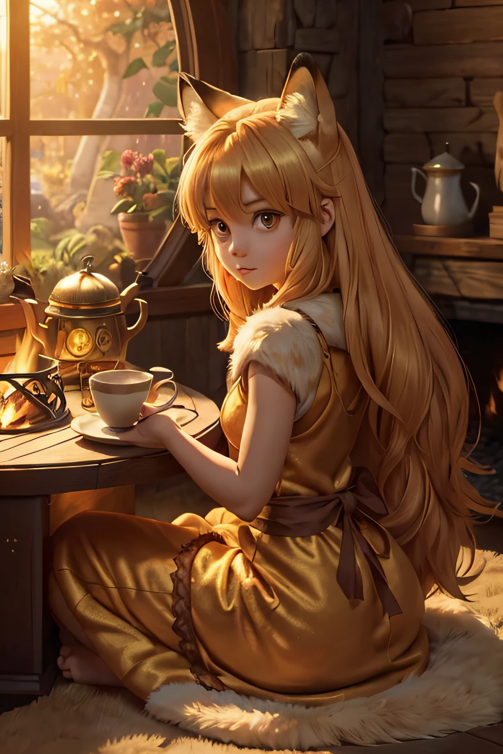 anime character the tiny cute foxgirl, big room, lonely day, treehouse of fantasy, room full with attributes, gibli studio style, intricate golden fur, beautiful and big eyes, warm room with anime character back view, sitting in front of warm firepit, cozy room with fur carpet, tea afternoon, plant on the table, soft light through the windows --auto