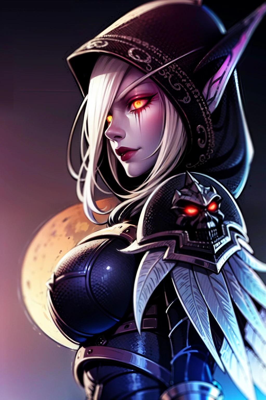 masterpiece, best quality, 1girl, mature female, large breasts, armor, breastplate, leggings armor, hood, black ripped cloak, silver hair, Glowing eyes, slva_wndrnner, close up, potrait photo, half body photoshot, holding arrow, dark sky background, detailed background, moon,