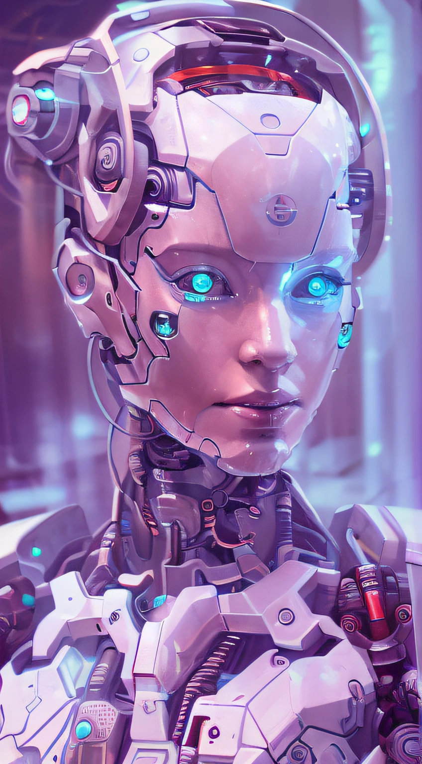 A closeup of a robot with glowing eyes and a futuristic head, menina bonita ciborgue, Retrato de um androide feminino, menina ciborgue bonito, uma imagem de um belo ciborgue, perfect cyborg female, menina ciborgue bonita, Retrato detalhado de um ciborgue, beautiful female android, menina ciborgue, retrato bonito sci - fi girl, ciborgue - menina, Cybernetic Machine Female Face