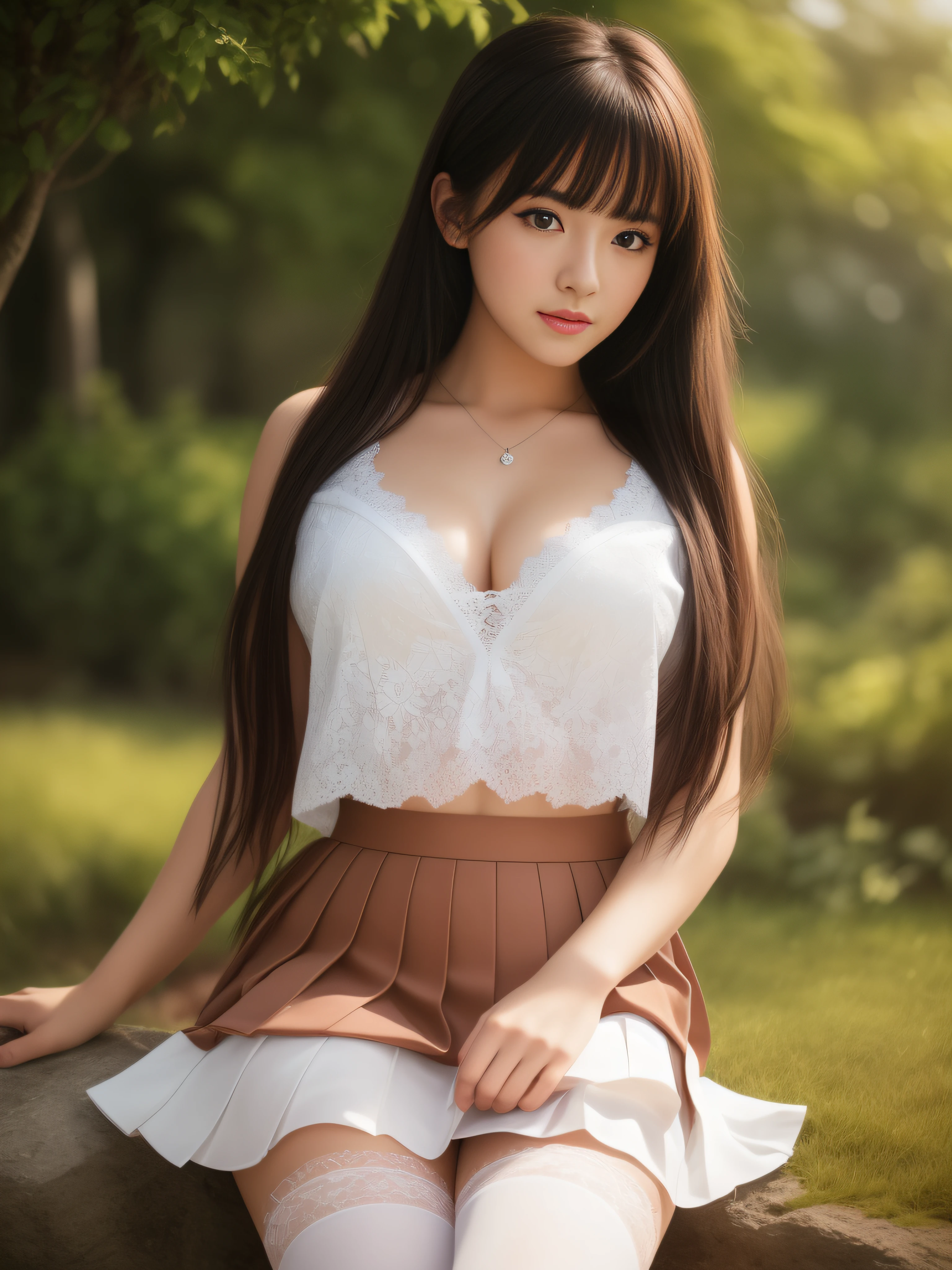 Full body portrait of a stunningly beautiful student girl without make-up, 17 years old, school uniform, white v-neck blouse with lace and neckline, red short skirt with pleats and butterfly patterns, black knee-high stockings with diamond patterns, red bow, extremely detailed light hazel eyes, detailed symmetric realistic face, extremely detailed natural skin texture, peach fuzz, messy hair, masterpiece, absurdres, ((masterpiece)), ((best quality 8k)), ((detailed and detailed)), ((photorealistic)), ((hi-res)), ((sharp image)), park, A very pretty girl, ((detailed and delicate)), ((photorealistic)), ((fantastic background)), illustration, beautiful art, artistic, realistic, 8k, wallpaper, masterpiece, beautiful, high resolution, best quality, intricated, ultra detailed, good composition, good art, scenery, cinematic, nikon d850 film stock photograph, kodak portra 400 camera f1.6 lens, extremely detailed, amazing, fine detail, rich colors, hyper realistic lifelike texture, dramatic lighting, cinestill 800 tungsten, raw photo, high quality, highres, sharp focus, extremely detailed, cinematic lighting, 8k uhd