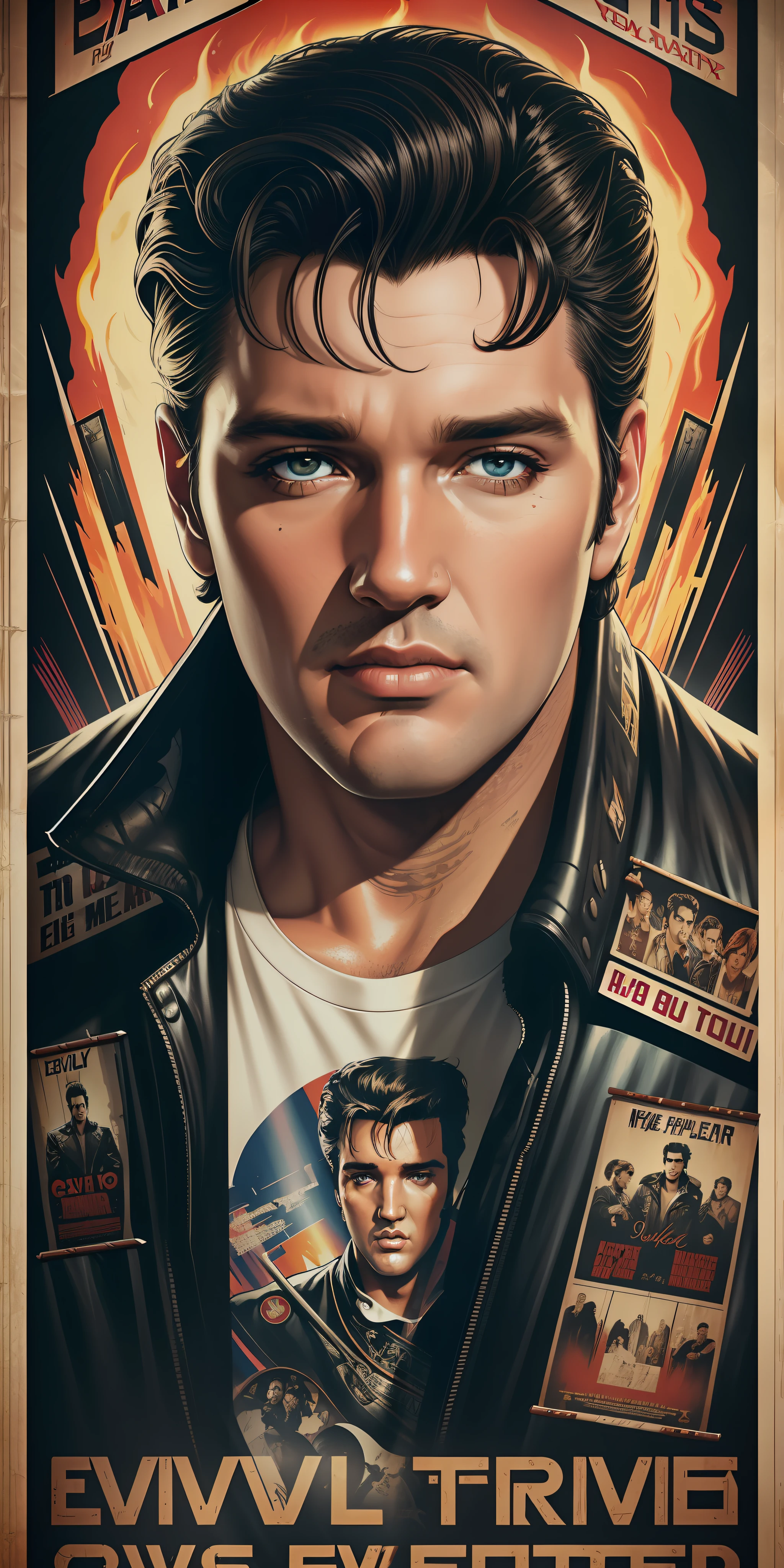 Elvis Prasley, vhs effect, (poster:1.6),poster on wall, nostalgia, movie poster, portrait,
(skin texture), intricately detailed, fine details, hyperdetailed, raytracing, subsurface scattering, diffused soft lighting, shallow depth of field, by (Oliver Wetter)