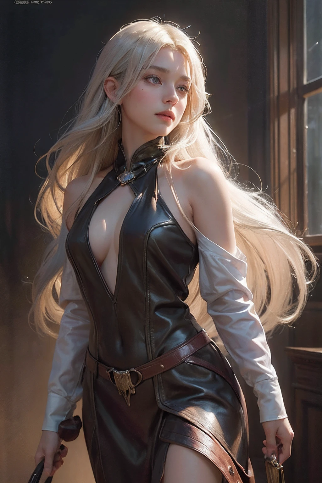 Hyperrealist portrait of female by david hockney and alphonse mucha,fantasy art, photo realistic, dynamic lighting, artstation, poster, volumetric lighting, very detailed faces, 4 k, award winning,, 1girl, in the dark, deep shadow, low key,cowboy shot,(official clothing:1.4) ,long hair,white hair,