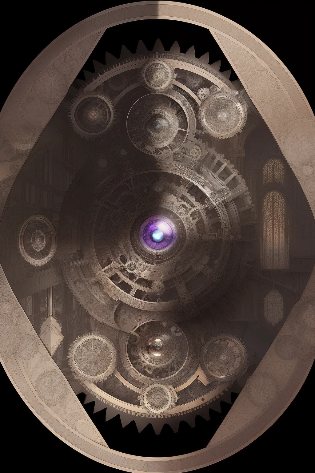 Illustration capturing the essence of focus and the eye, influenced by M.C. Escher's intricate designs. An intricate network of gears and mechanical structures forms the shape of a colossal eye, placed within a fantastical clockwork world. The palette is metallic and monochromatic, emphasizing the mechanical nature. The eye's gaze is fixed, emanating determination and curiosity.