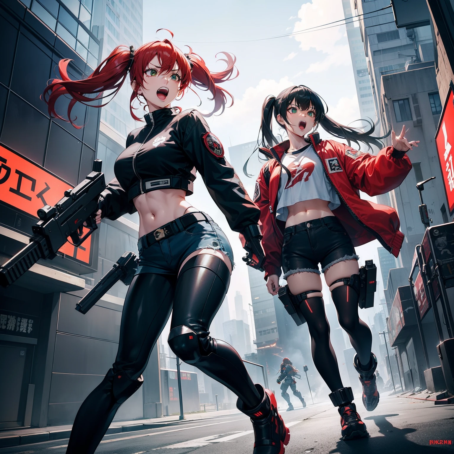 Deux femmes, aux cheveux orange, scarlet red eyes, en tenue de cuir posent pour une photo, Alena Aenami et Artgerm, Gamme Murata et Artgerm, Artgerm et Genzoman, WLOP et Artgerm, ig model | Artgerm, Ruan Jia et Artgerm, Masayoshi Suto et Artgerm, Artgerm et WLOP