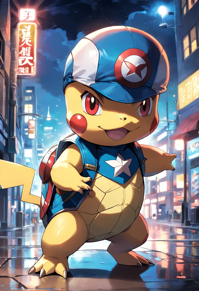 a highly detailed illustration of Pokémon Squirtle wearing Captain America's costume, qualidade excepcional, dinamic pose, mischievous expression, urban night scenery, lighting dramatic, estilo de desenho hiper-realista