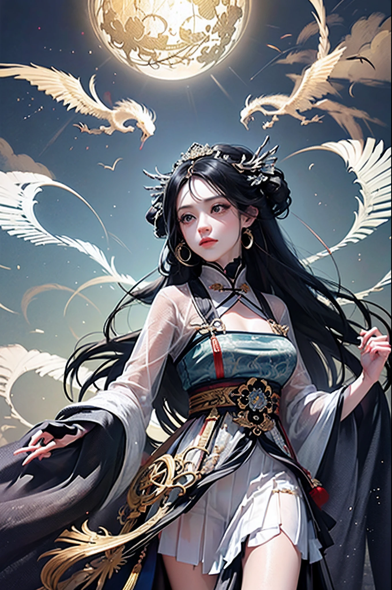 Official Art, Unified 8K Wallpapers, Ultra Detailed, Beautiful and Aesthetic, Masterpiece, Best Quality, (Zentangle, Tangle, Entangle), (fractal art: 1.4), 1girl close-up, long black hair, long flowing hair, fringed hair ornament, Chinese, black and white hanfu, fringed waist ornaments, jade pendant, long skirt, horse face skirt, tulle clothes, cloudy and misty, petals, very detailed, dynamic angle, cowboyshot, (most beautiful form chaos), flowing, oc, (half: 1), Chinese, black and white main color, black long dress, white flying dragon, (ribbon: 1.3), (dream: 1.5), (Hanfu: 2), Chinese dragon, Chinese phoenix, (smile: 0.5 ), (Chinese deities), n
