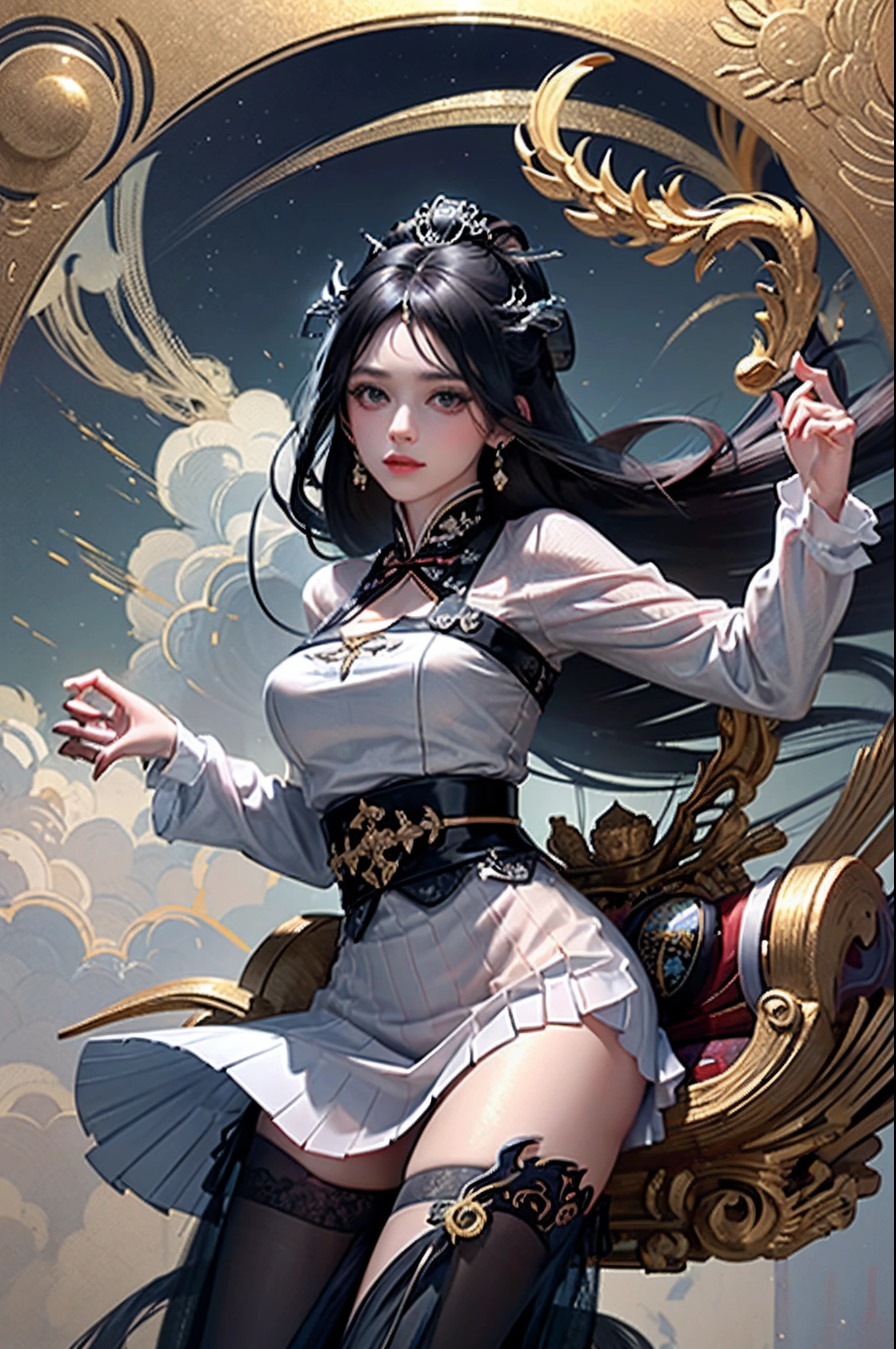 Official Art, Unified 8K Wallpapers, Ultra Detailed, Beautiful and Aesthetic, Masterpiece, Best Quality, (Zentangle, Tangle, Entangle), (fractal art: 1.4), 1girl close-up, long black hair, long flowing hair, fringed hair ornament, Chinese, black and white hanfu, fringed waist ornaments, jade pendant, long skirt, horse face skirt, tulle clothes, cloudy and misty, petals, very detailed, dynamic angle, cowboyshot, (most beautiful form chaos), flowing, oc, (half: 1), Chinese, black and white main color, black long dress, white flying dragon, (ribbon: 1.3), (dream: 1.5), (Hanfu: 2), Chinese dragon, Chinese phoenix, (smile: 0.5 ), (Chinese deities), n
