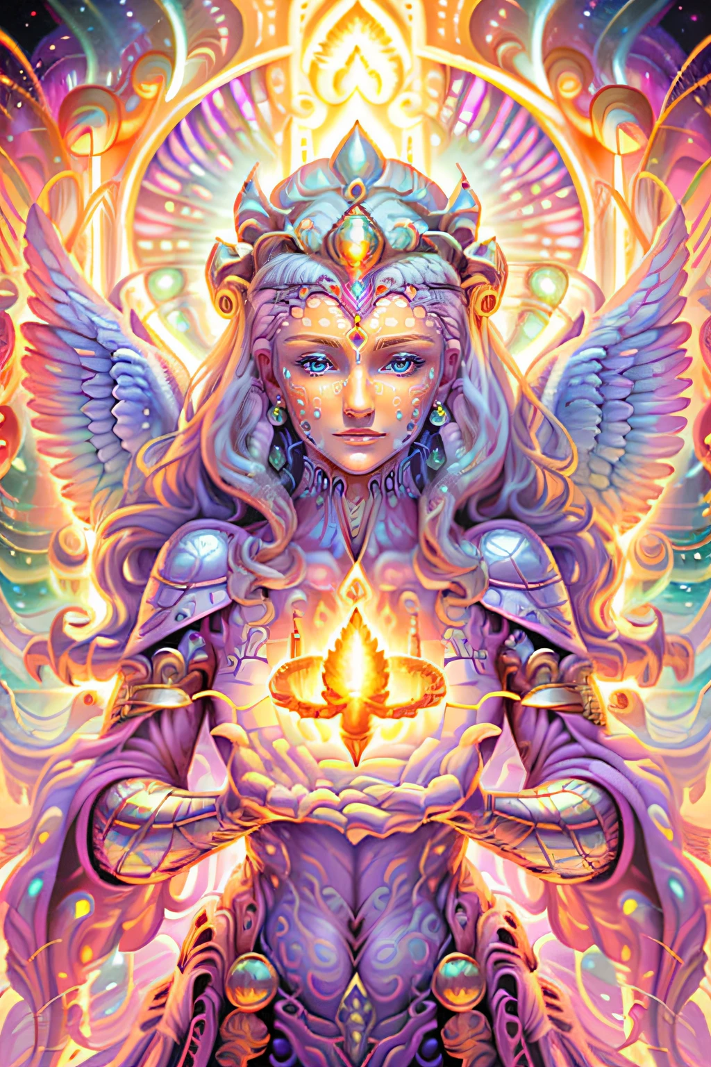 Hello, IA! Please create a creature of light, a beautiful angel of light, a magical spirit of light, is a character full of a sense of justice and divine power, she is usually depicted as a beautiful female angel with wings and long hair, wearing a shining white robe and golden armor, gentle eyes, beautiful eyes, the image of the royal sister angel is very beautiful and noble, her face is usually depicted very soft, pure and elegant. Her divine power is also very powerful and is often used to protect and help those in need. Explore your creativity and depict this mysterious and fictional creature. Use vibrant colors, unique shapes, and fun textures to make your images unique and engaging. I am glad to see your artistic interpretation of the whole body, light, random dynamic poses, shining aura, beautiful and noble angels, holy light, magical light magic, perfect spell casting, blessing and prayer,