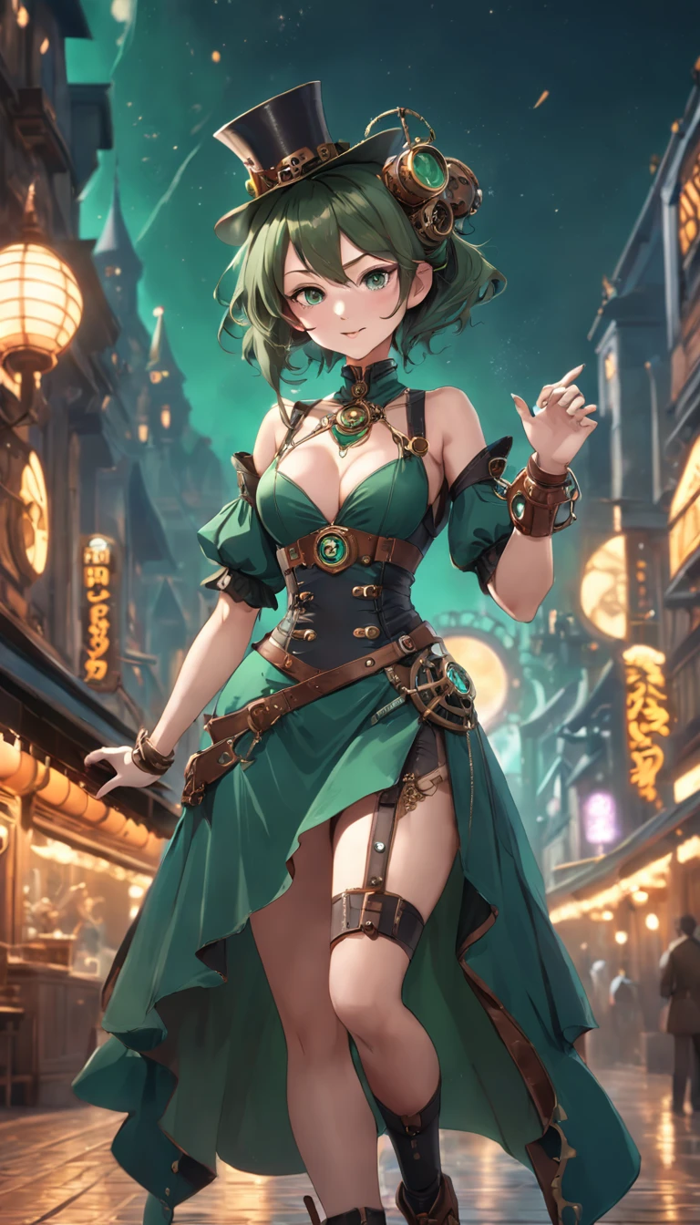 Stunning magica fantasy full body portrait of steampunk woman in dark green dress, plunging neckline highlighting feminine features, small ears, brown hair, smiling happily, dynamic pose, ticker, fantasy , Extreme Detail, 4Kde, Ultra HD, Trending on ArtStation, Polished, Radiant, Vibrant, Background Light, 8Kdende UltraHD, Unreal Engine 5 Portions, Intricately Detailed, 3D vray