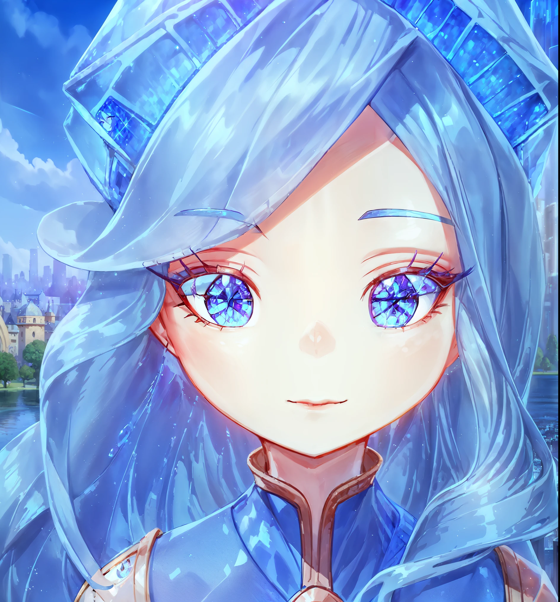 (best quality, masterpiece, detailed face, beautiful detailed eyes), Ember, girl made of ((blue)) fire, 1girl, (solo),narrow waist, long eyelashes, detailed face, detailed eyes, standing in a park with crystals around, lake and a modern city in the background,