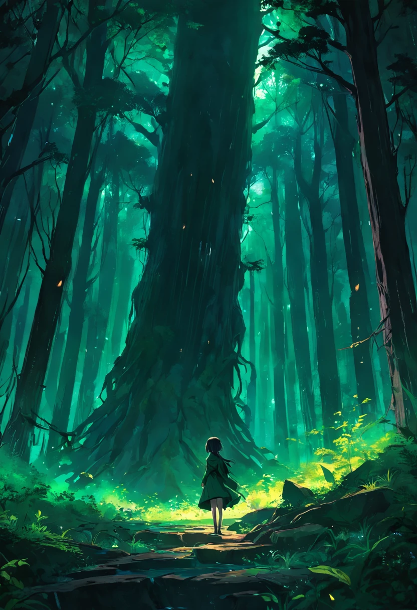 Deep in the forest, shimmering, mysterious, back, green, dark tones