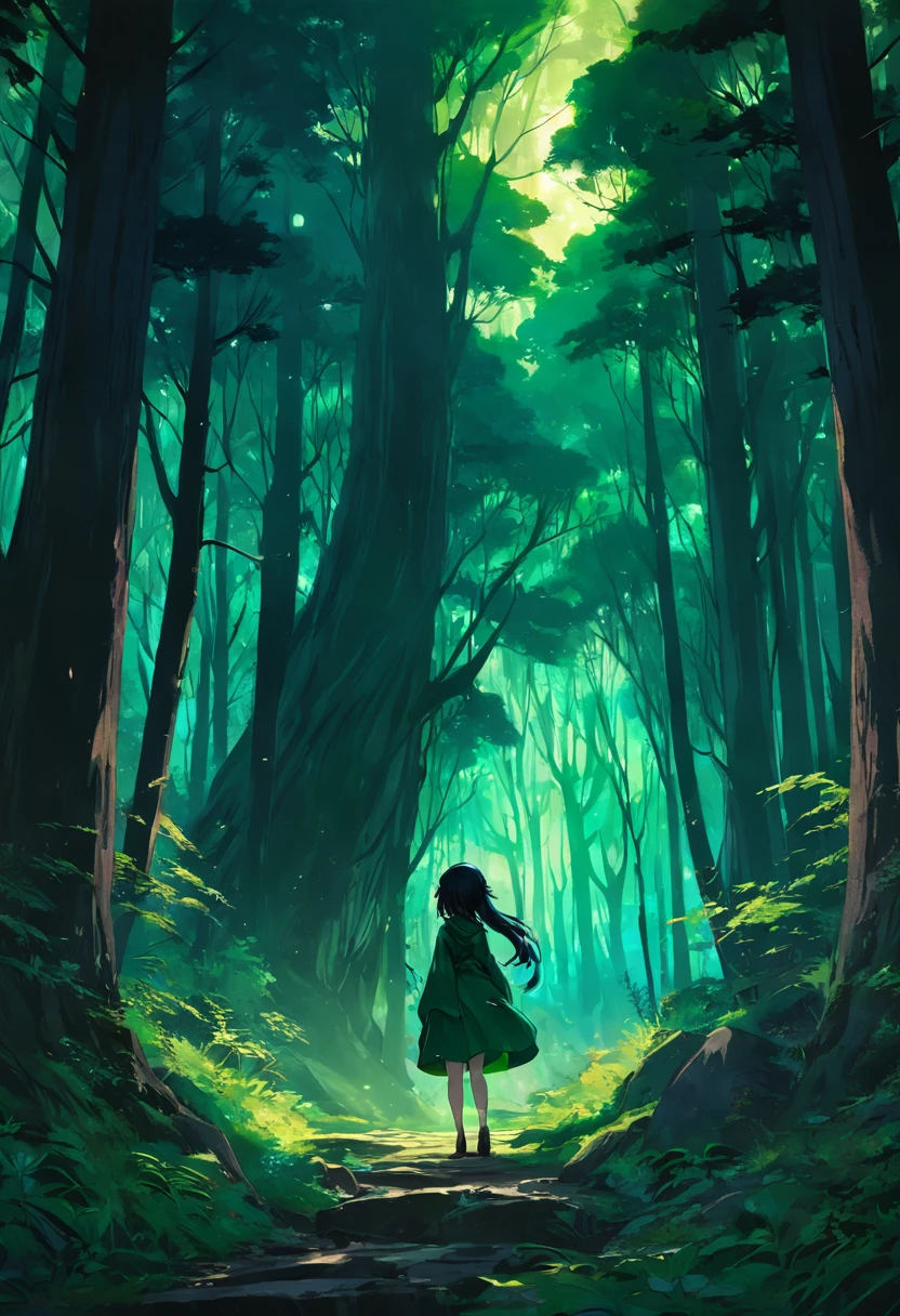 Deep in the forest, shimmering, mysterious, back, green, dark tones
