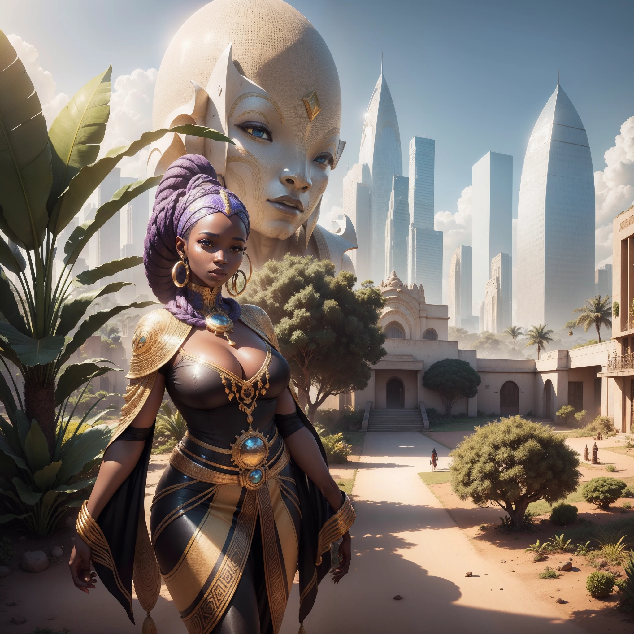 A utopia African city with African sculpture, people moving, banana plantations in a distant, clear and clear buildings with African designs, with iridescent light, highly detailed images, vibrant beautiful colours, photorealistic image, 8k, ultra HD, unreal engine rendered, cinematic lighting, artgerm style,