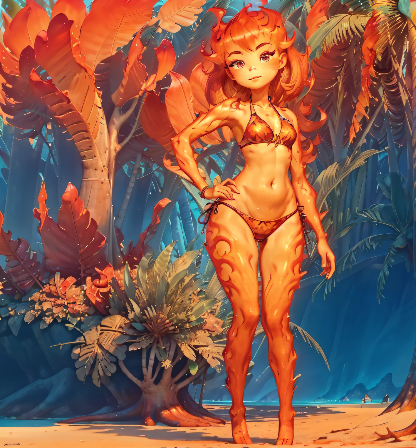 (best quality, masterpiece, detailed face, beautiful detailed eyes), Ember, girl made of fire, 1girl, (solo),((standing, fullbody, using wearing a bikini, thick tighs)), detailed colorful background, beach, palm trees, sea