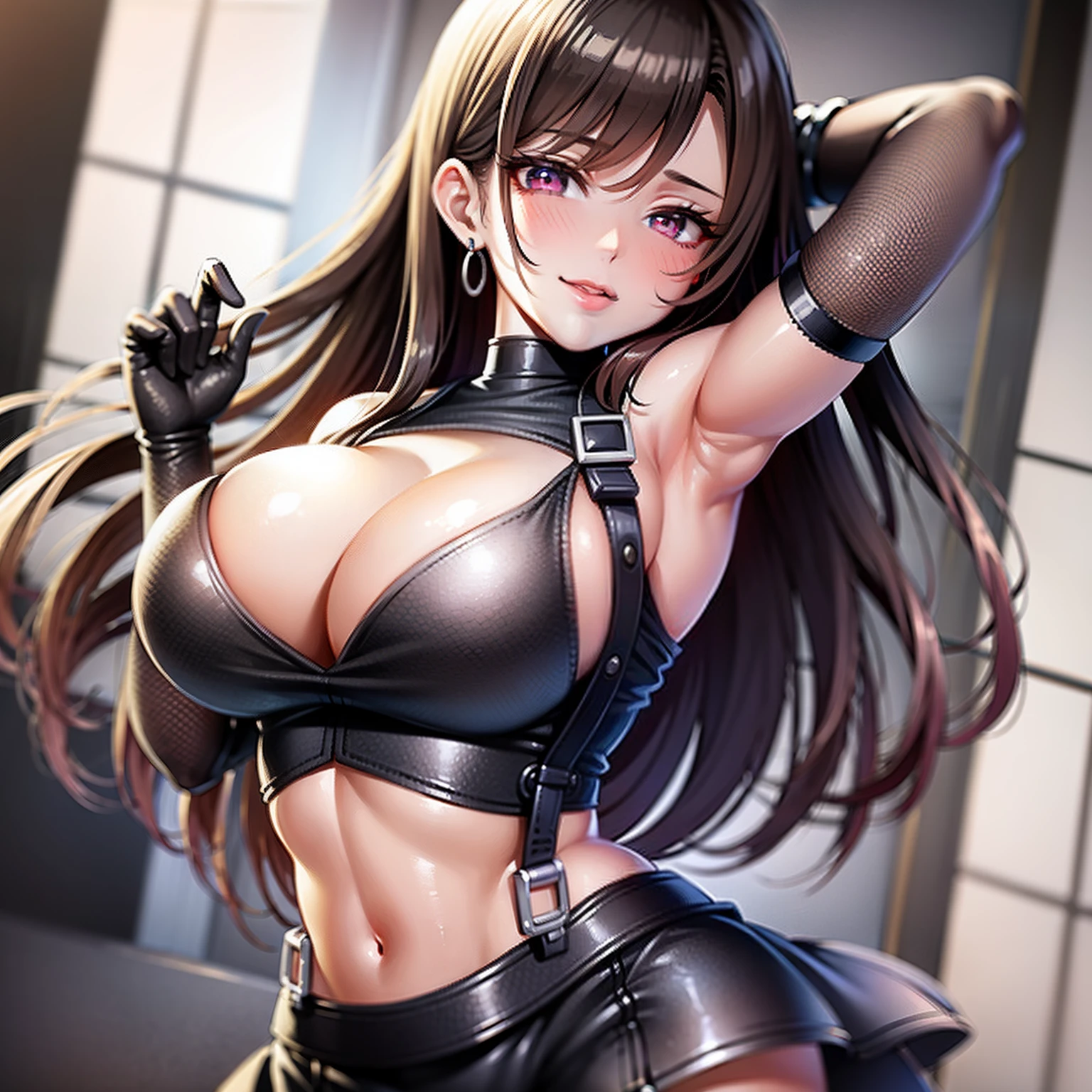 8K,tmasterpiece,bset quality,The large,(1个Giant Breast Girl),Tifa Lockhart,Red_Eyes,brunette color hair,long whitr hair,profesional lighting,(shiny skins:1.2),shiny big,((best qualtiy)),tack sharp focus:1.2,Highly Detailed Face and Skin Textur,Detailed eyes,s the perfect face,Perfect body,blur art,CG,Background with,20yr old,Mature cool beautiful face,dressed in((Slip black skirt),black elbow gloves, white taut shirt,upper legs,Gilet blanc),Blushlush,Lively posture,(mittgal),Floating hair,Close-up above the chest,ssmile,cleavage