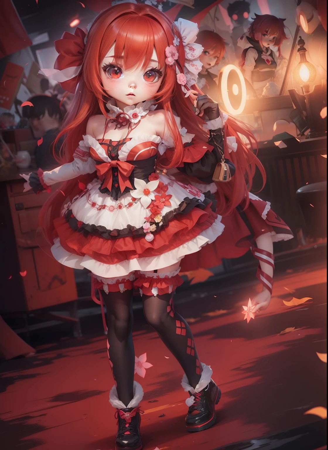 anime, girl, cute, sd, chibi, kawaii, best quality, 8k, dress, red hair