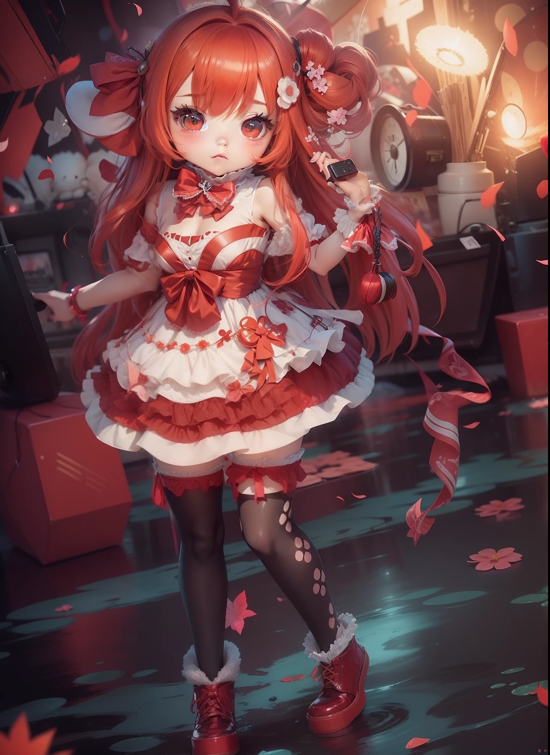 anime, girl, cute, sd, chibi, kawaii, best quality, 8k, dress, red hair