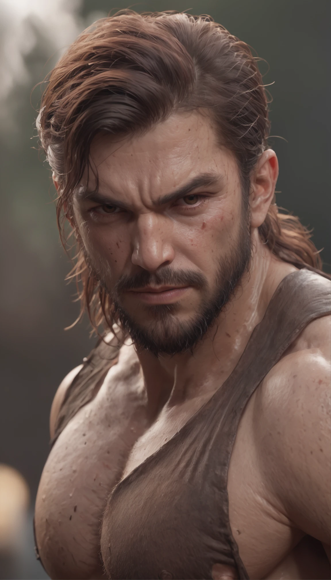 (Professional 3D rendering:1.3) de (Realistic:1.3) Foto de arte mais bonita do mundo,Features soft, bright male heroes, ((Epic hero fantasy rough muscular man wet hero angry look long hair short beard and fierce expression in dynamic pose, fantastic location, majestoso ambiente desordenado)), corpo inteiro 8k unidade render, action shot, poros da pele, very dark lighting, sombreamento pesado, circunstanciado, Rosto detalhado, (vibrante, fotogrdeia realista, Realistic, Dramatic, Escuro, foco nítido, 8k), (Old leather clothes damaged by bad weather:1.4), ((((Use peles)))), (intrincado:1.4), decadente, (altamente detalhado:1.4), pintura digital, rendering by octane, art stations, Conceito-Arte, liso, foco nítido, illustration, germe da arte, (Loish:0.23), Wlop Ilya Kuvshinov, e Greg Rutkowski e Alphonse Mucha Gracias, (global ilumination, studiolight, Light Volumetric), chuva forte, floating particles, patife, fantasia, Onze, corpo inteiroesbian, ((Fundo escuro e antigo da cidade:1.3)),CGSesociedade,art stations