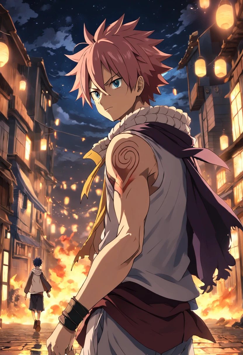 (((a highly detailed illustration by Natsu Dragneel))), qualidade excepcional, dinamic pose, Night scenery, lighting dramatic, estilo de desenho hiper-realista.