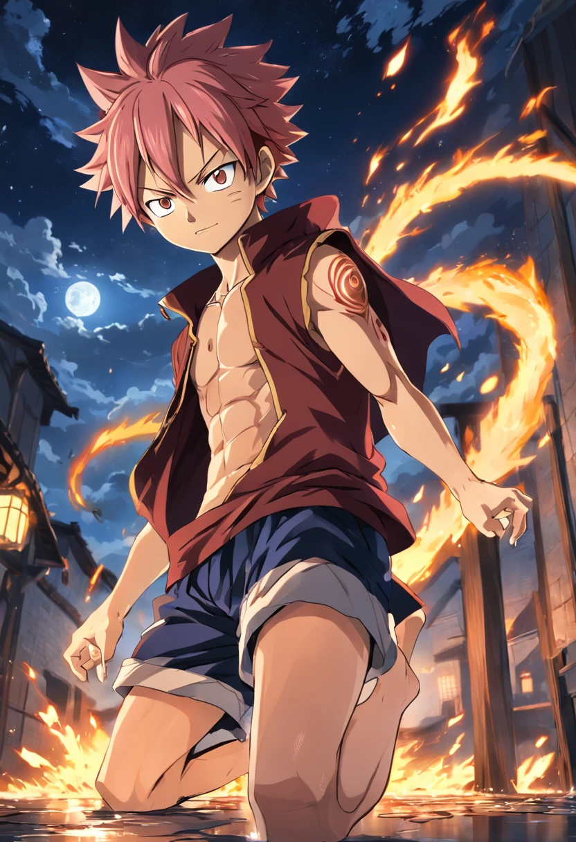 (((a highly detailed illustration by Natsu Dragneel))), qualidade excepcional, dinamic pose, Night scenery, lighting dramatic, estilo de desenho hiper-realista.