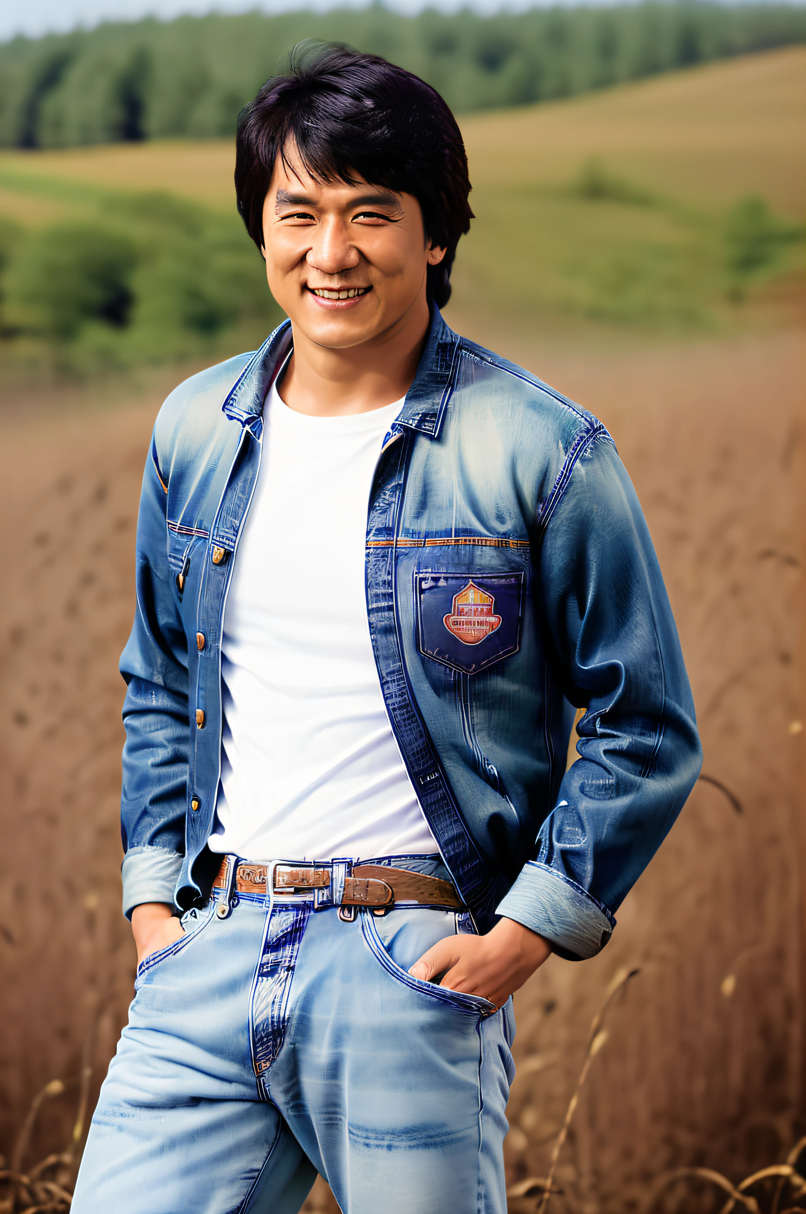 a realistic Full body portrait of a jchan man with messy hair, (Detailed face), (perfect eyes), (highly detailed skin:1.1), (Smiling:1.3), slim body, ((dressed as a farmer with old dirty jeans)) , Fashion Photography, soft lighting, PHOTOREALISTIC, Realistic, sunny, standing in a field with tall grass, trees in background, blurred background, volumetric fog, RAW, analog, sharp focus, 8k, high resolution, DSLR, high quality, Fujifilm XT3, film grain, award winning