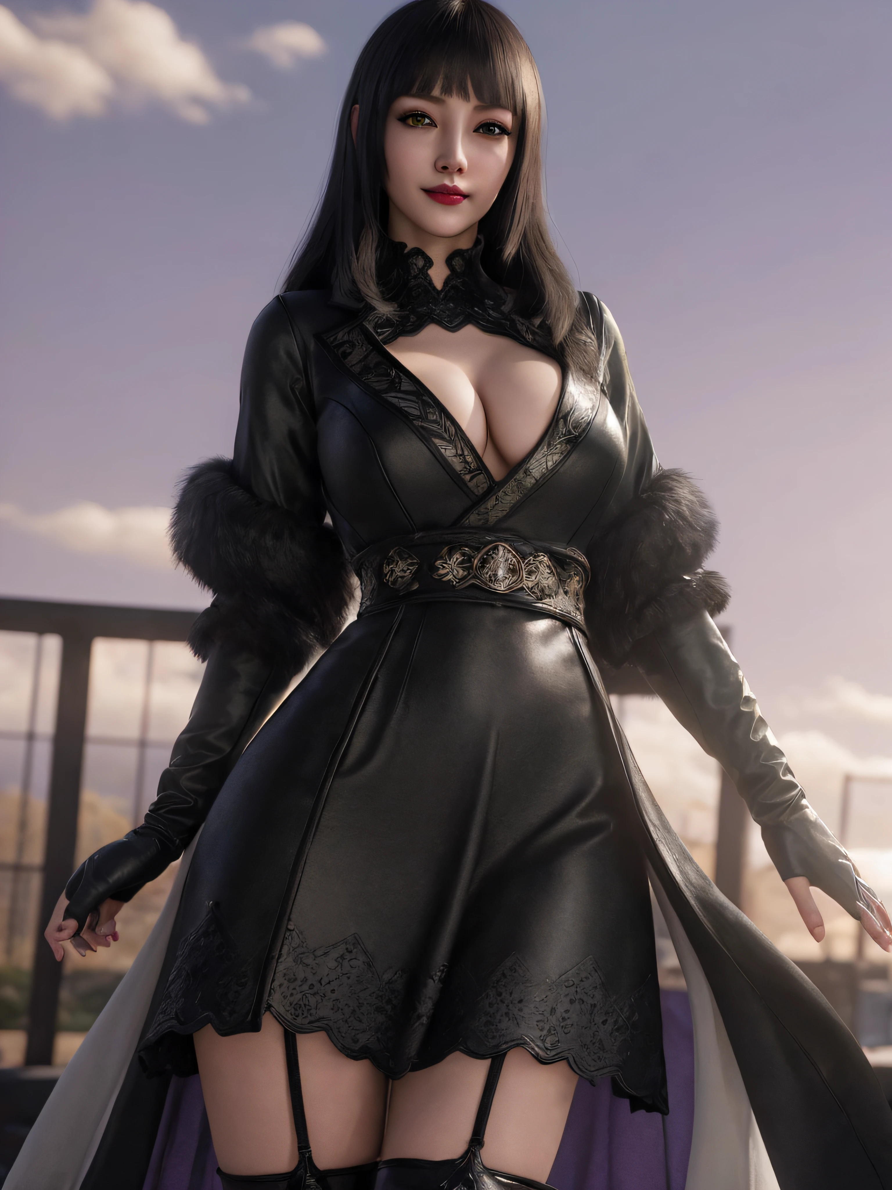 (Masterpiece, High Quality:1.3), stunning hyperrealistic, (3D:0.65), cycle render, trending on cg society, intricate Details, field of view, (sharp focus:0.9), soft egdes, (cinematic lighting:1.1), vibrant colors,
Gentiana, mature female, (Alluring Gaze:1.05), smiling, (outside:1.1), magic background, purple skies, netherstorm, cosmos, (cowboy shot, very closeup:1.2),
black hair, hime cut, blunt bangs, lipstick, makeup, black eyeshadow, eyelashes, (ultra detail hair:1.1), ultra realistic hair, ultra detail face, green eyes, (perfect eyes, perfect face:1.2),
japanese clothes, black dress, black skirt, intricate cloth ornament, pantyhose, thighhighs, thigh boots, toeless footwear, fingerless gloves, elbow gloves,
(Large Breasts:1.2), cleavage