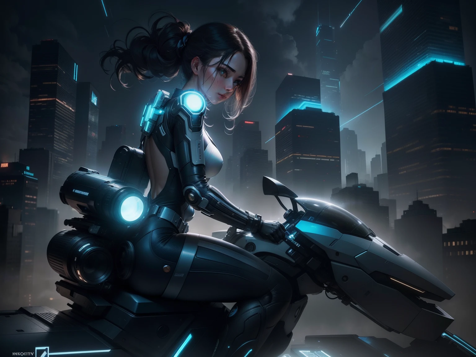 8k, Realistic Skin Texture, Realistic Photo, Neo Tokyo, slim women, large-breast:1.4 cleavage:1.3, AD2050 at night, Dirty hunting jacket, Wearing tube top, miniskirt, (((black sunglasses, automatic rifle, sneakers, cold, shooting pose, very low angle view))), Innovative composition, revenge, cyberpunk, blade runner worldview, Large neon sign, Geisha hologram sign, Strong Wakamoto Sign.