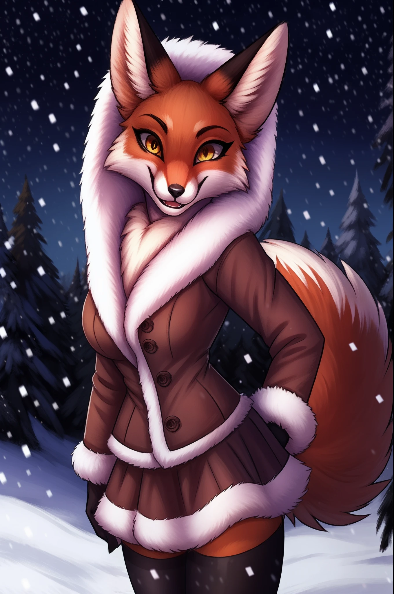 Alice, 独奏, 1girl, animal ears, Color: Red, Orange, female focus, 1 fox tail, Red tail of the best quality, exteriors, hood, a tree, Detailed background, orange jacket, fur-trim, Furry, fur-trimmed sleeves, Orange fur coat with fur trim, Fox ears of the best quality, a 1girl, 独奏, Focus Photo, Smile, blusher, looking a viewer, the night, Deep Night, winter, It's snowing, detailed yellow eyes, Detailed beautiful yellow eyes, detailized face, Heightened sexuality, big breastes, skinny waist, A full body girl, Girl in a skirt, Girl in black stockings, beste-Qualit,in detail,high-resolution illustration, Cute, canny smile, blusher, voluminous breasts, Vulgar girl, fluffy fur, Ultra Detailed, 8K