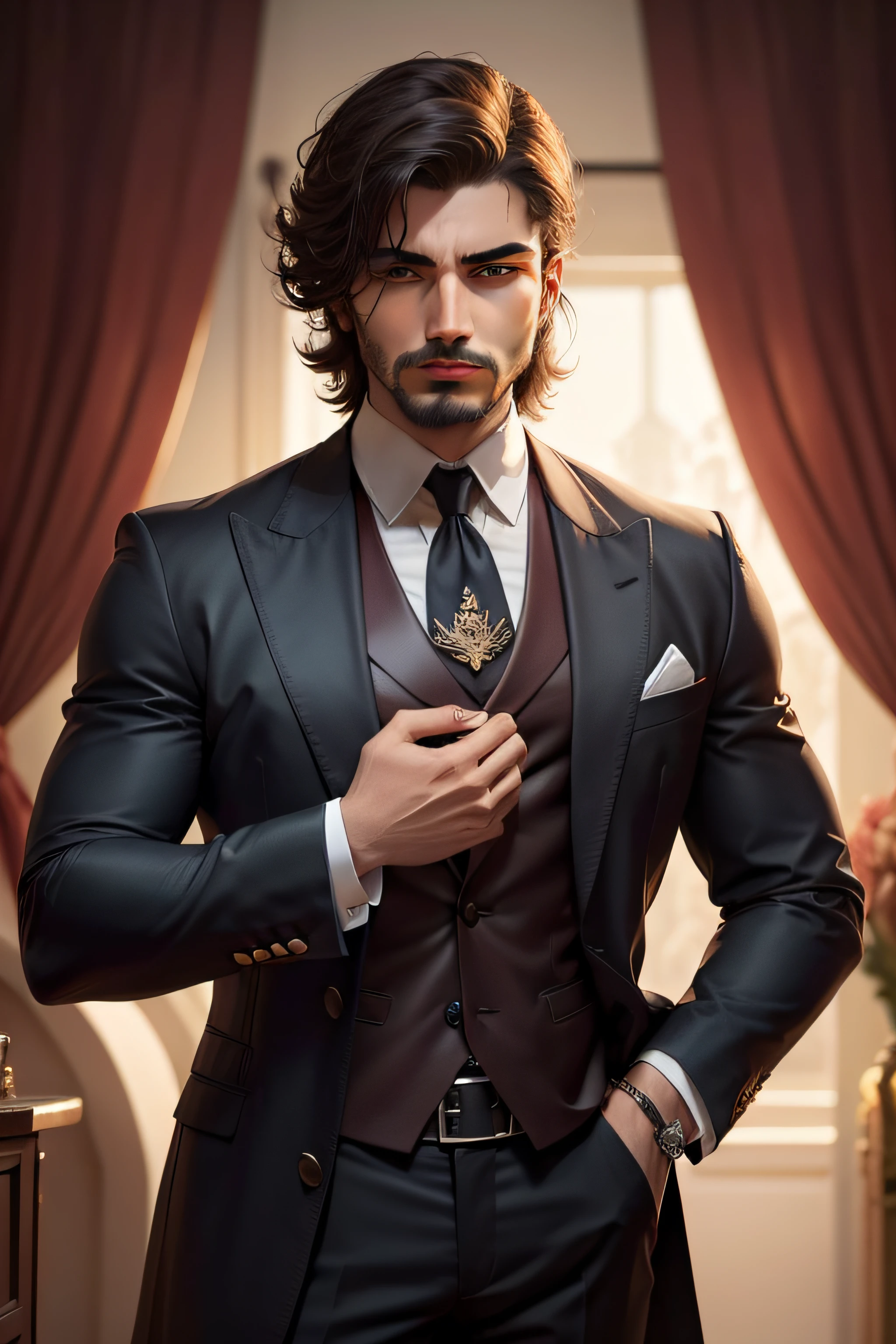 (Masterpiece, Best Quality, Highres:1.4), Detailed, Intricate Details, 4K, Ornate, 
1Boy, Male, Brutal, Mature, Mature Male,
Black Hair, Black Beard, 
Yellow Eyes,
Gold Trim,
(White Shirt:1.2),
Muscular, Muscular Male,
<lora:NoiseOffset:1>