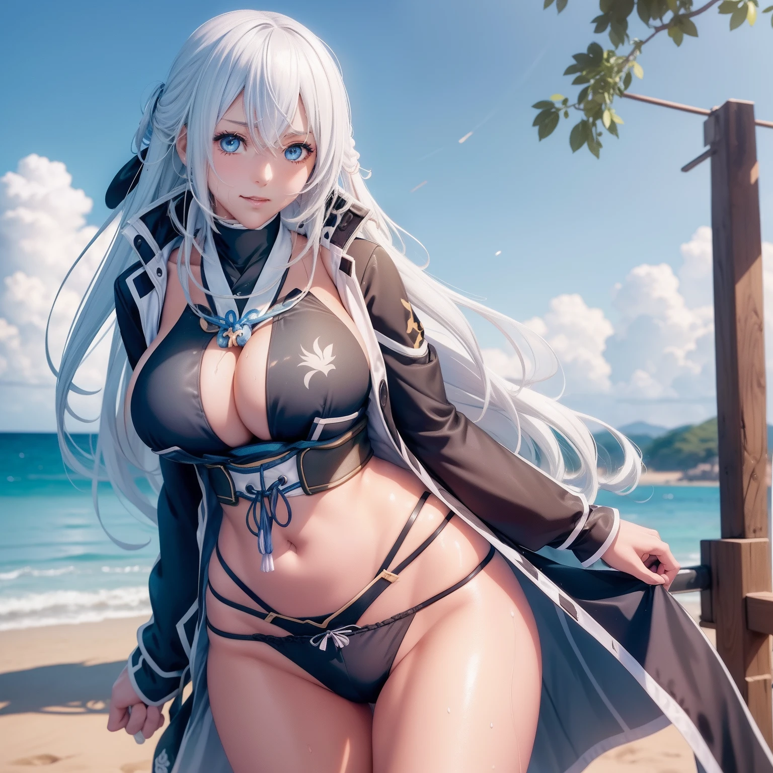 (Shizuna from kuro no kiseki),, batle damaged, clothes very damaged, one tit exposed, panties exposed , masterpiece, cowboy shoot, ultra realistic, micro skirt, cammel toe, ultra cleavage, partialy visible boobs, visible panties, wet visible panties, sexy happy face, sperm in hand, ultra realistic, photo realistic, (1girl), wet body, wet clothes, batle pose, cowboy shoot, huge cleaverage, no shirt