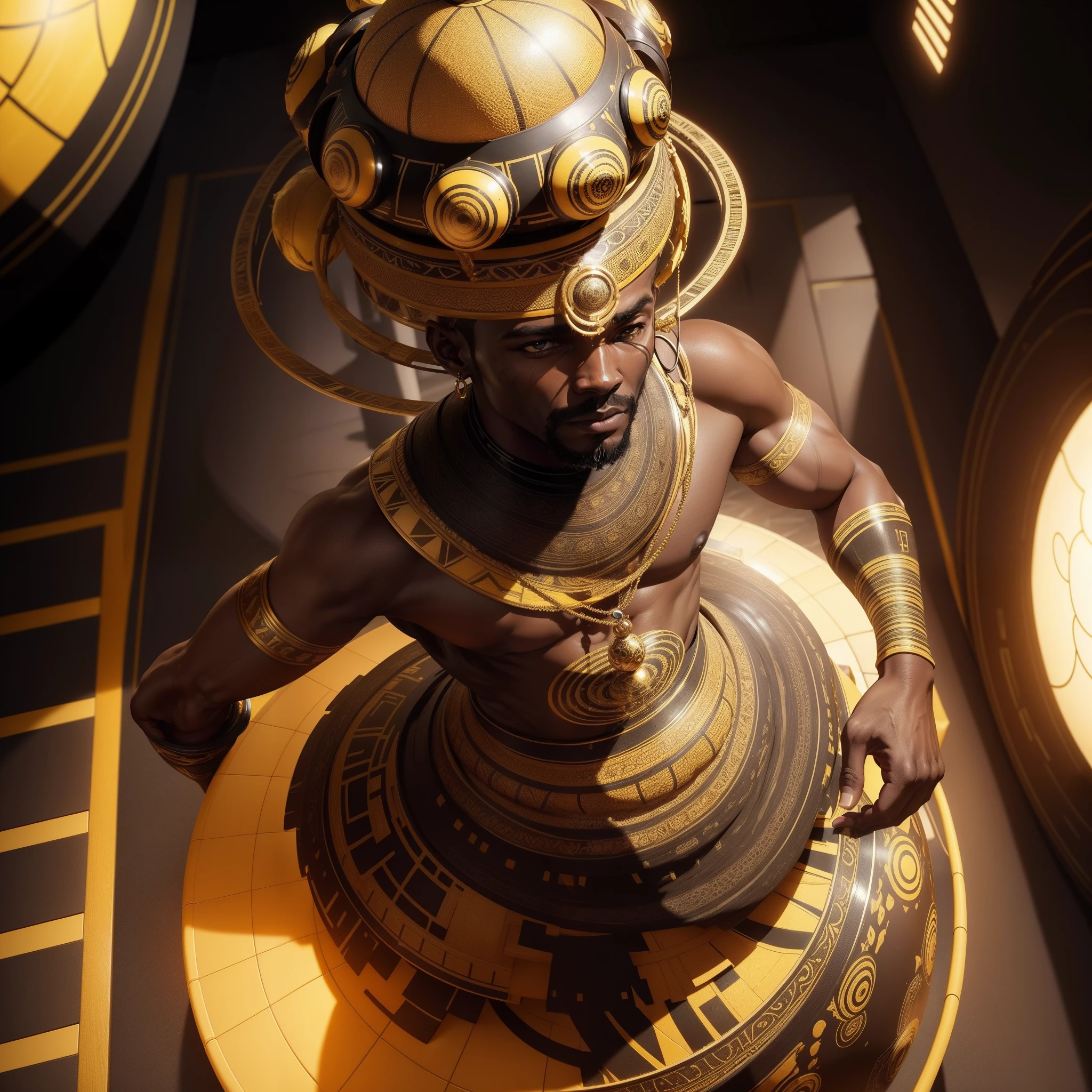 An African man dressed in African clothes sitting on a yellow sphere in a black and white room with abstract shapes and stairs, with iridescent light, highly detailed images, vibrant beautiful colours, photorealistic image, 8k, ultra HD, unreal engine rendered, cinematic lighting, artgerm style,