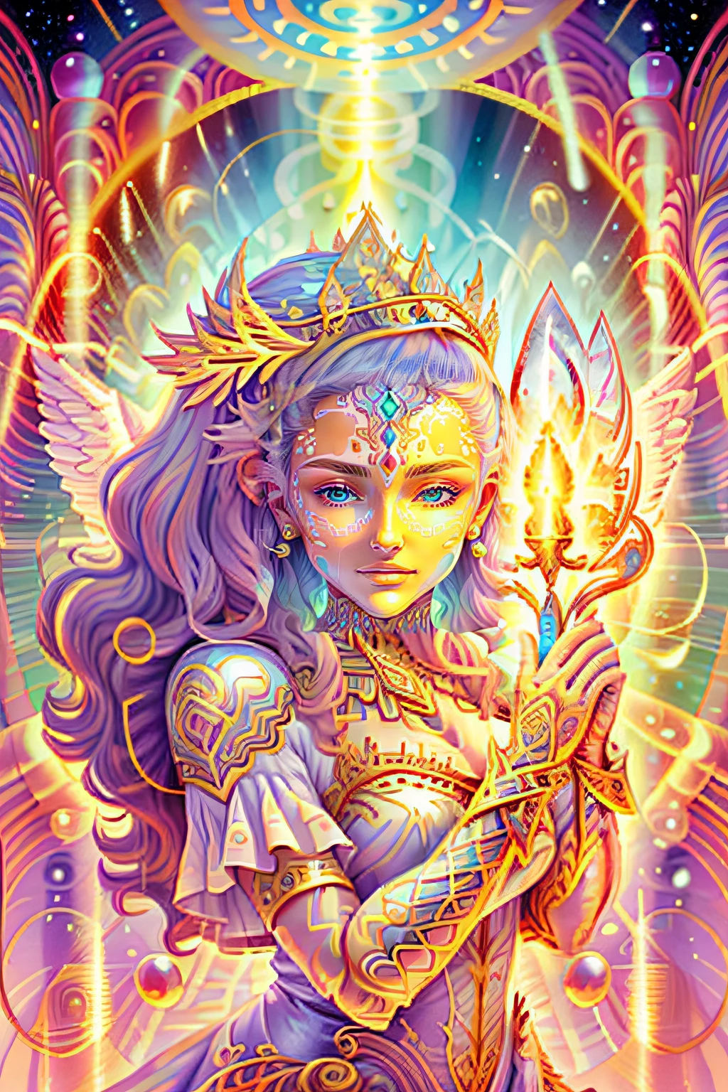 Hello, IA! Please create a creature of light, a beautiful angel of light, a magical spirit of light, is a character full of a sense of justice and divine power, she is usually depicted as a beautiful female angel with wings and long hair, wearing a shining white robe and golden armor, gentle eyes, beautiful eyes, the image of the royal sister angel is very beautiful and noble, her face is usually depicted very soft, pure and elegant. Her divine power is also very powerful and is often used to protect and help those in need. Explore your creativity and depict this mysterious and fictional creature. Use vibrant colors, unique shapes, and fun textures to make your images unique and engaging. I am glad to see your artistic interpretation of the whole body, light, random dynamic poses, shining aura, beautiful and noble angels, holy light, magical light magic, perfect spell casting, blessing and prayer,