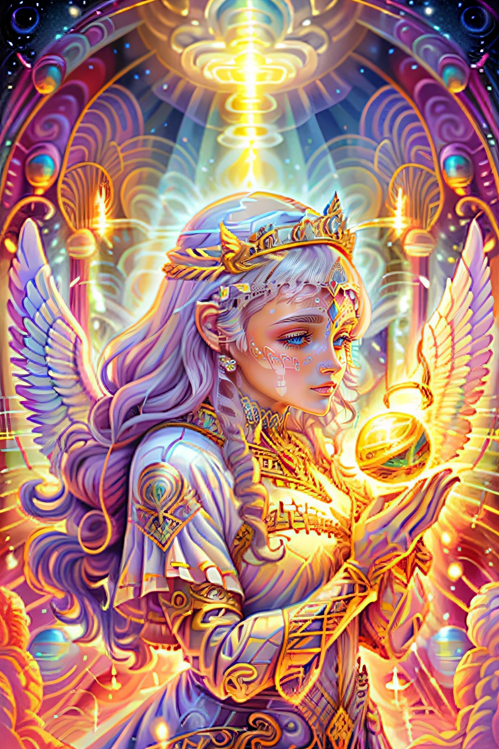 Hello, IA! Please create a creature of light, a beautiful angel of light, a magical spirit of light, is a character full of a sense of justice and divine power, she is usually depicted as a beautiful female angel with wings and long hair, wearing a shining white robe and golden armor, gentle eyes, beautiful eyes, the image of the royal sister angel is very beautiful and noble, her face is usually depicted very soft, pure and elegant. Her divine power is also very powerful and is often used to protect and help those in need. Explore your creativity and depict this mysterious and fictional creature. Use vibrant colors, unique shapes, and fun textures to make your images unique and engaging. I am glad to see your artistic interpretation of the whole body, light, random dynamic poses, shining aura, beautiful and noble angels, holy light, magical light magic, perfect spell casting, blessing and prayer,