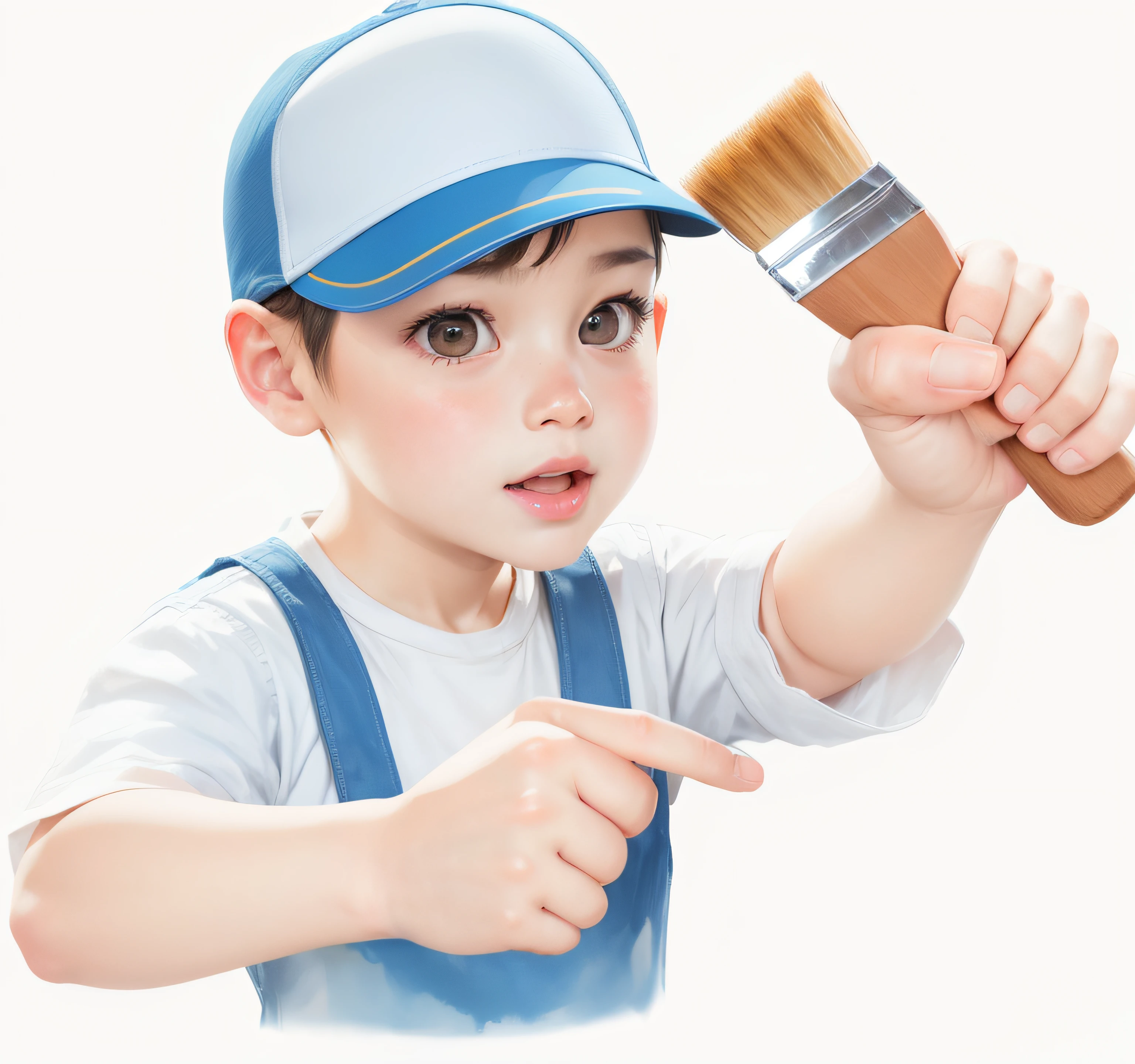 There's a child holding a brush and pointing at it, painting digital adorable, Doendo, menino bonito, Pintura digital dos desenhos animados, painting illustration, pintura profissional, Gentle brushing, holding a brush in your hand, retrato de alta qualidade, Yanjun Chengt, Efeito de pintura realista, pintura, pintura, Pintura digital, pintura digtial, commercial illustration, (((different positions))), illustration,