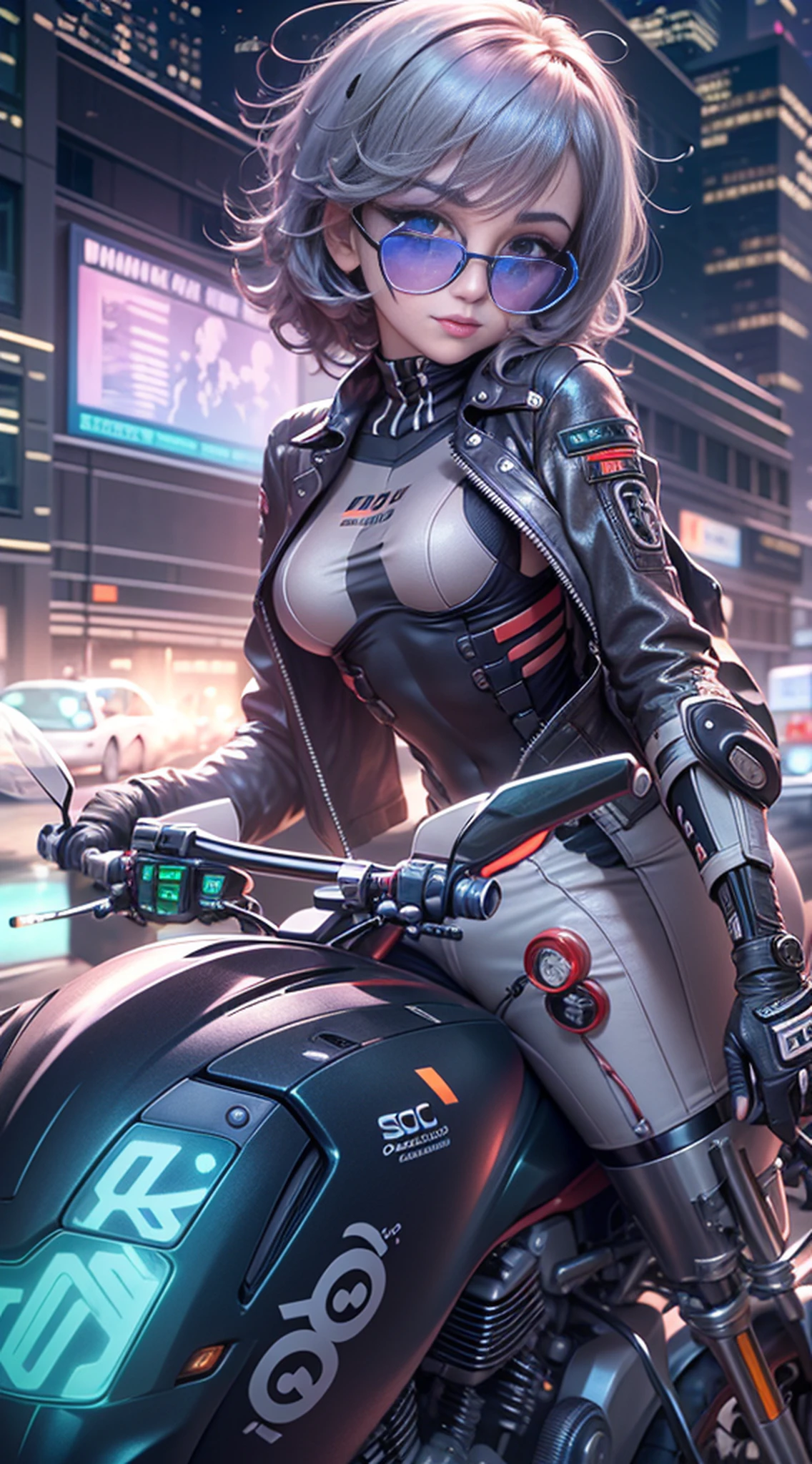 full body image,Masterpiece, best quality, Super display, Very realistic, Highly detailed face, Clean and delicate face, whole body(Masterpiece best quality: 1.2) "Sexy biker girl with short hair, holding a crash helmet, zipping up her chest,Sexy anime style, charming, charming, big breasts" Race track background in the style of a leading portrait painter.