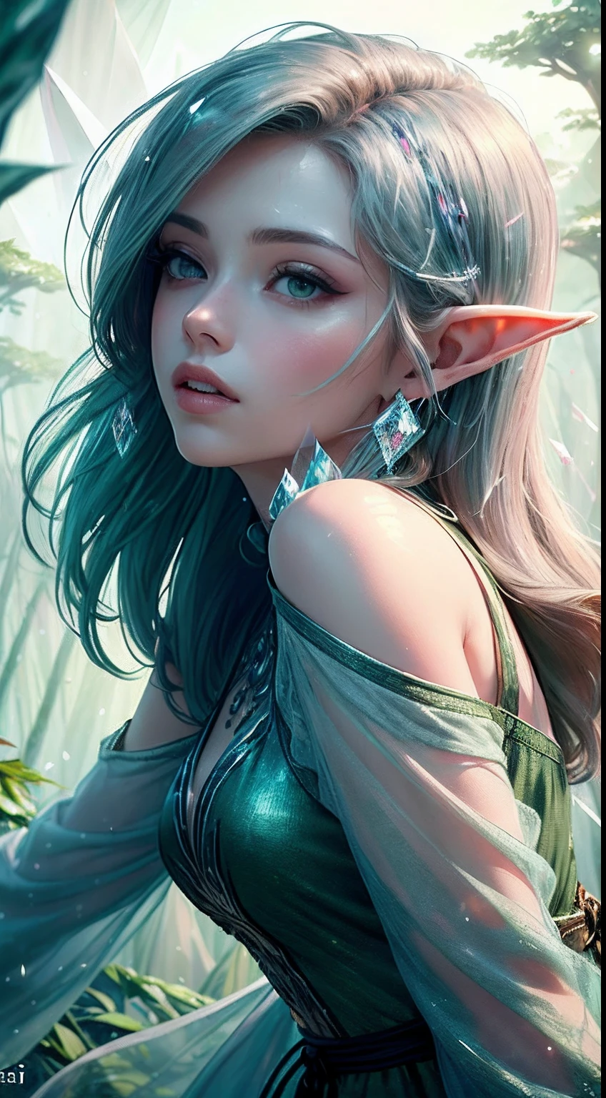 (Masterpiece, Top Quality, Best, Official Art, Beautiful and Aesthetic, Long Exposure: 1.2), Smooth Movement, Charming Patterns, 1 Girl, (Long Dress with Sleeves: 1.3), (((Green Clothes) )), upper body close-up, bare shoulders, Chinese girl, blush, black lob hair, portrait, solo, upper body, looking at the observer, detailed background, detailed face, (crystallineAI, crystalline theme:1.1), elemental wood elf, rotation foliage, control foliage, emerald clothing, dynamic pose, floating particles, ethereal dynamics, foliage, vapor, forest in the background, green tint, forest, ethereal atmosphere,