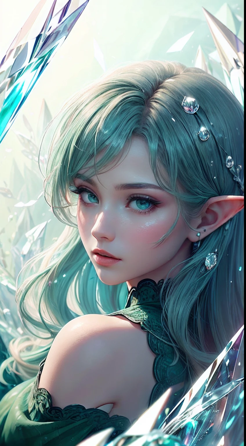 Lewd elf, anime style woman, thin, slender, full-body, tattooed, pierced, beautiful shining hair, iridescent eyes, slanted eyes, wavy hair, gentle and attractive, bare shoulders, delicate and sexy collarbone, half-body photo, attractive oval face, double eyelids, pink lips, small nose, focused face, face close-up, ultra high definition, ultra detail, elegant standing posture, Ultra-fine translucent wet yarn, wet see-through white T-shear, sparkly skin, sweat