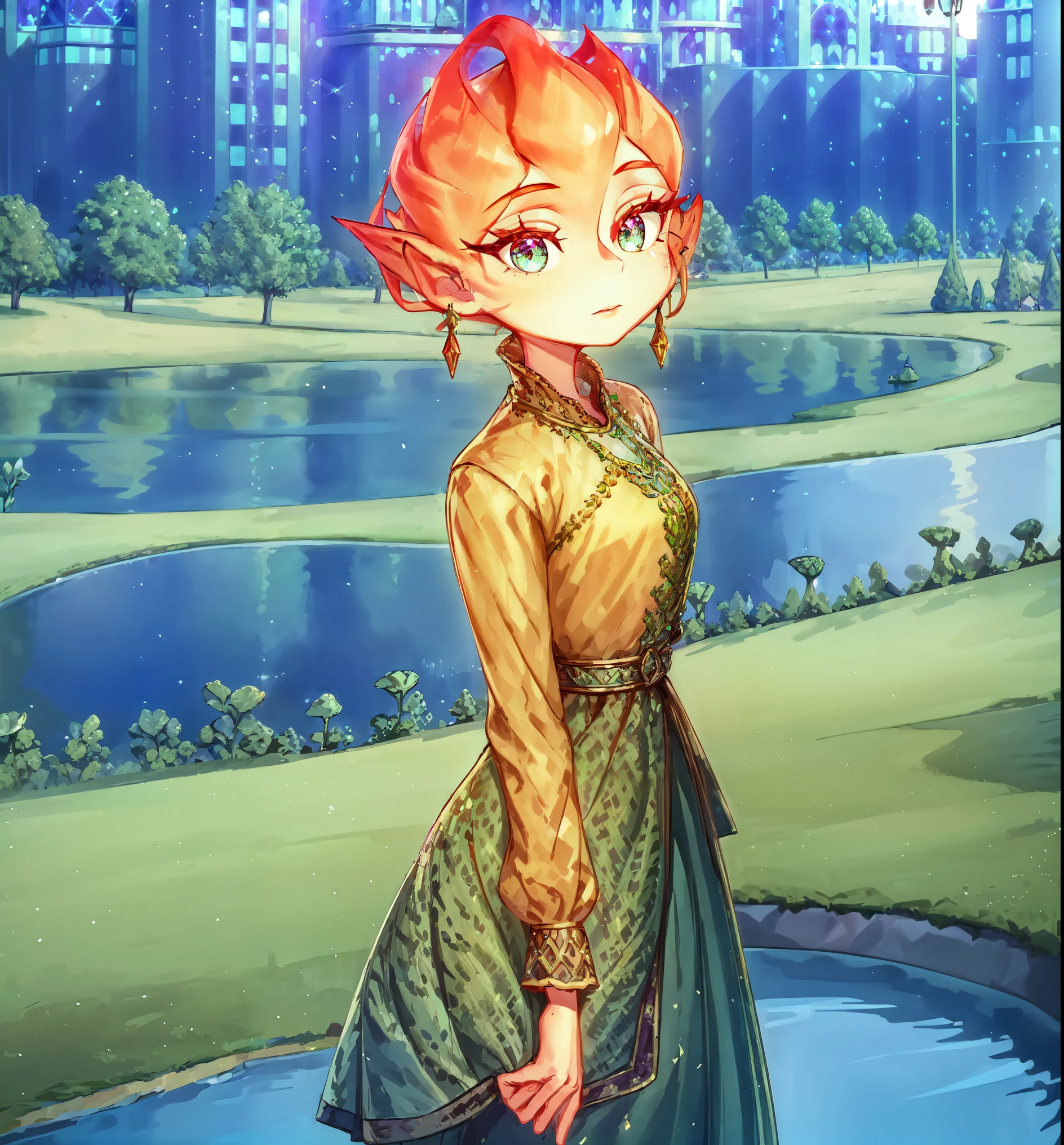 (best quality, masterpiece, detailed face, beautiful detailed eyes), Ember, girl made of ((green)) fire, 1girl, (solo),narrow waist, long eyelashes, detailed face, detailed eyes, standing in a park with crystals around, lake and a modern city in the background,