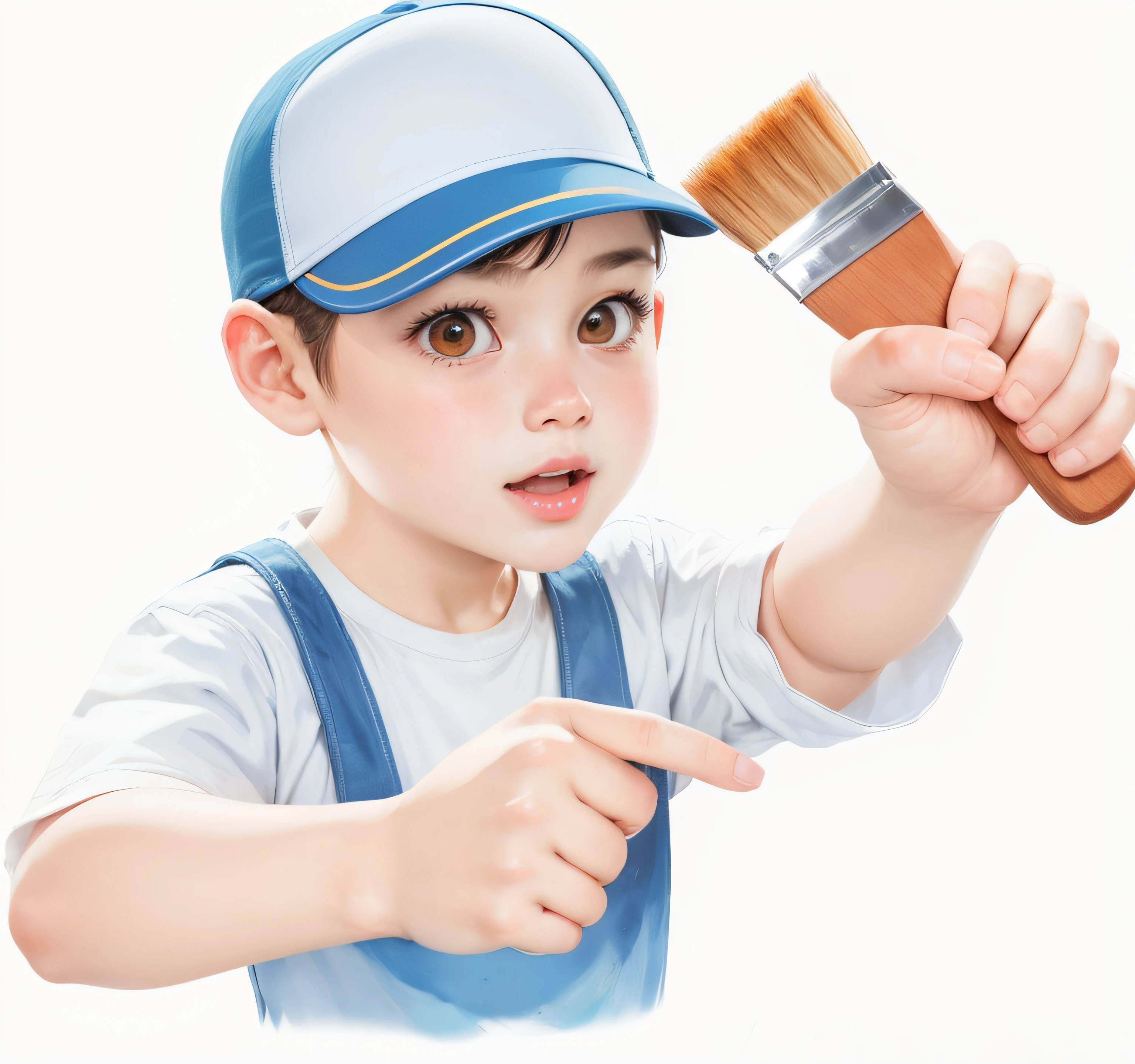 There's a child holding a brush and pointing at it, painting digital adorable, Doendo, menino bonito, pintura digital dos desenhos animados, painting illustration, pintura profissional, Gentle brushing, holding a brush in your hand, retrato de alta qualidade, Yanjun Chengt, Efeito de pintura realista, pintura, pintura, pintura digital, pintura digtial, commercial illustration, (((Different positions))), illustration,